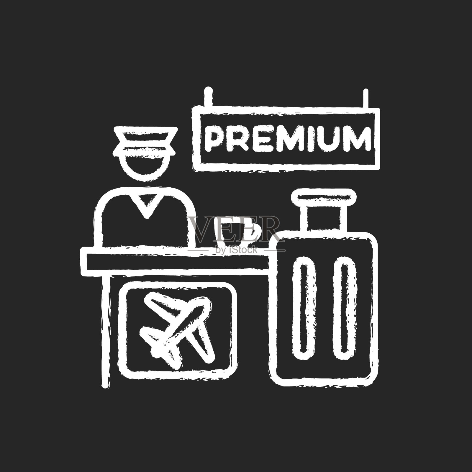 高级飞机预订粉笔白色图标上的黑色背景。豪华休息区为您提供舒适的等候。航空公司服务帮助台。检查行李。孤立矢量黑板插图插画图片素材