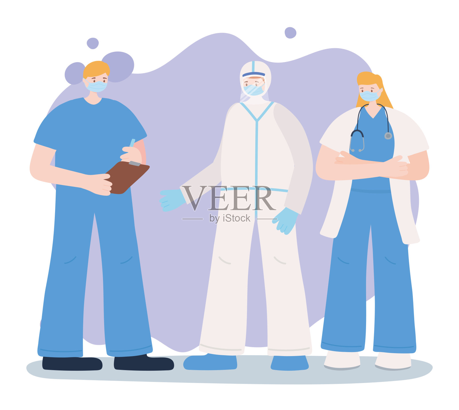 感谢各位基层工作人员、医护人员小组穿制服、戴口罩、新冠肺炎疫情防控插画图片素材