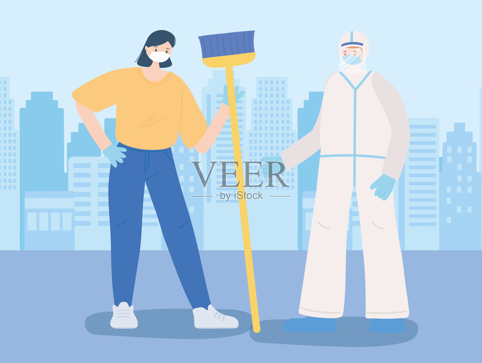 感谢重要的工作人员、拿扫帚的清洁工、穿防护服、戴口罩的医生、新冠肺炎插画图片素材