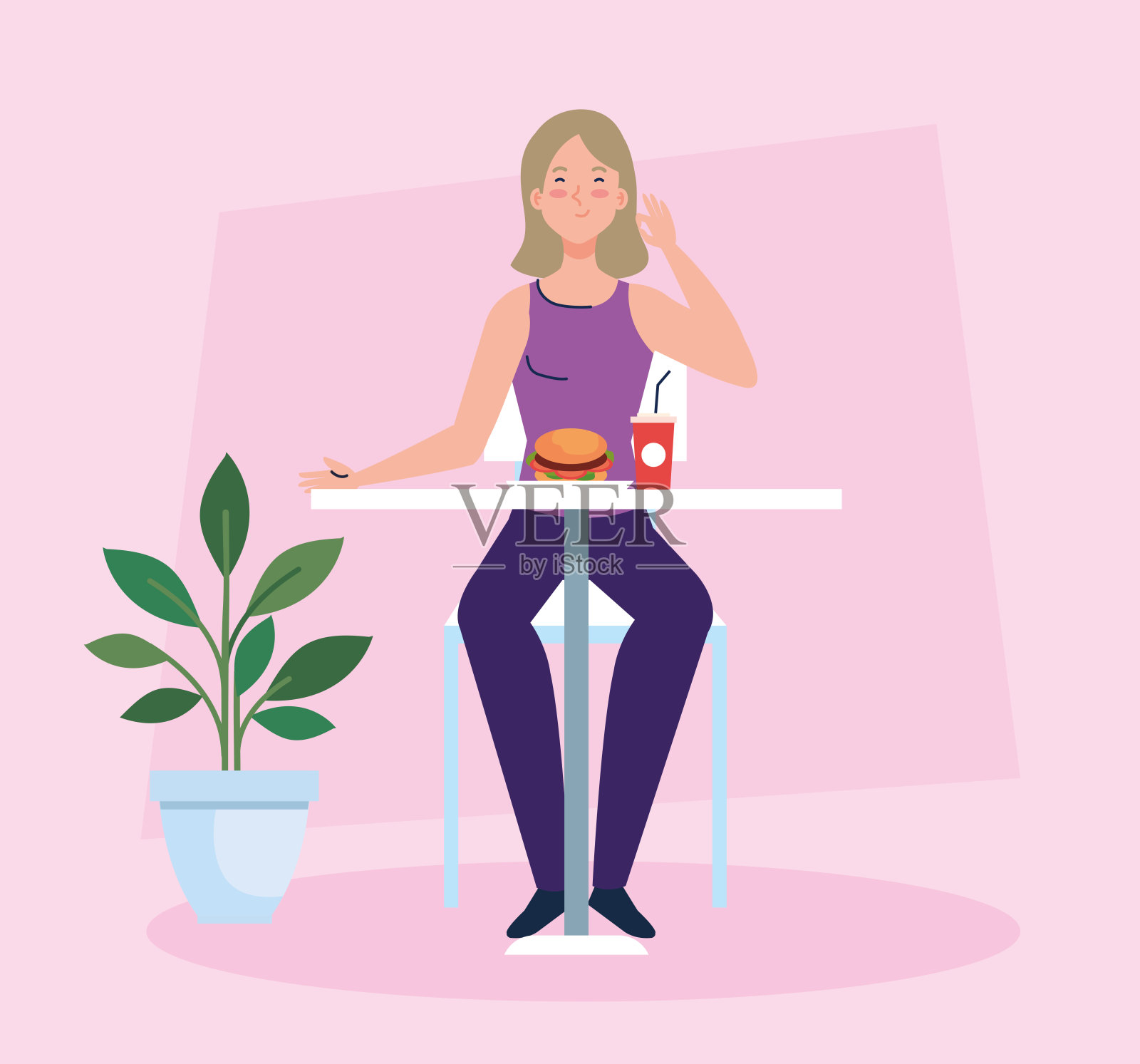 新概念餐厅的社交距离、女性在餐桌上吃饭、防护、预防新冠肺炎19插画图片素材