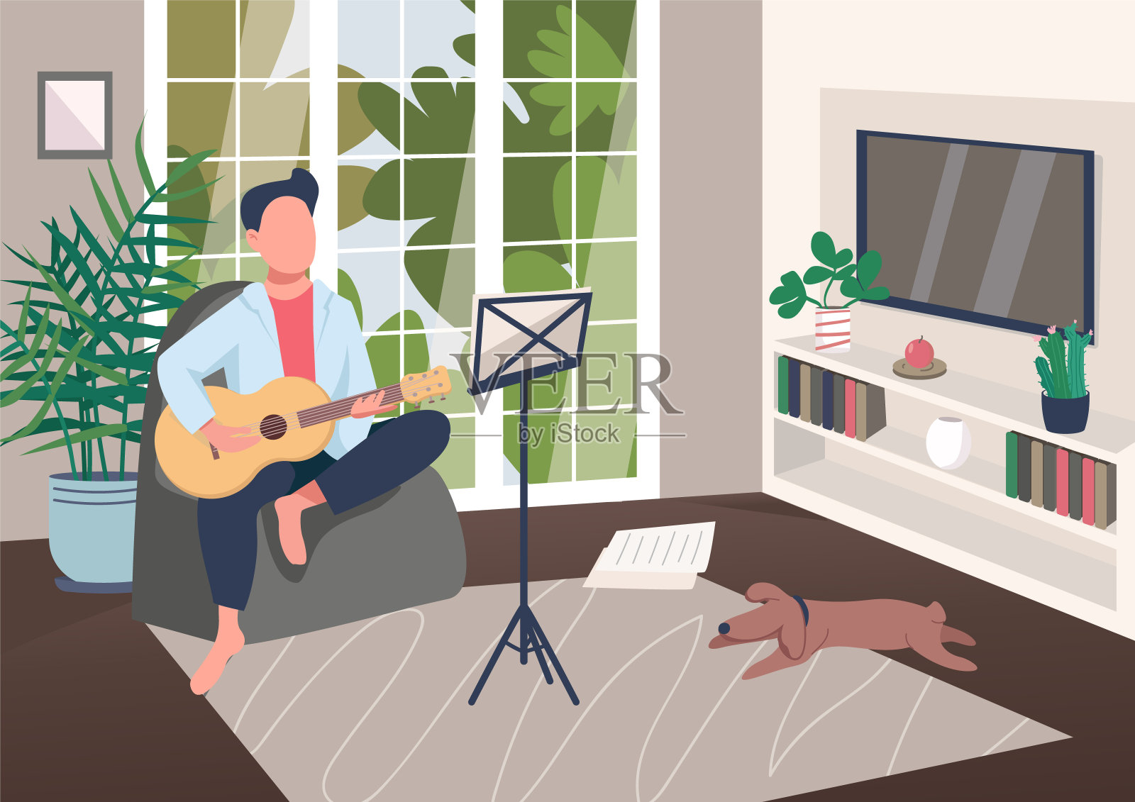 吉他手在家平面彩色矢量插图插画图片素材