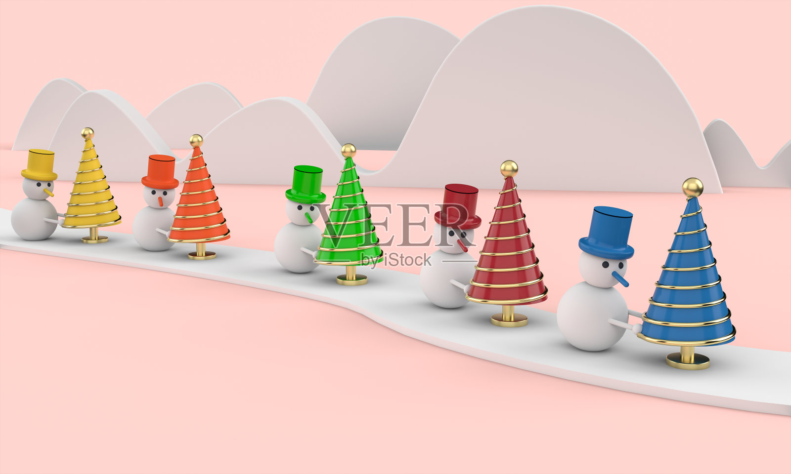 圣诞快乐的明信片。雪人挂在圣诞树上。3 d渲染。三维演示照片摄影图片