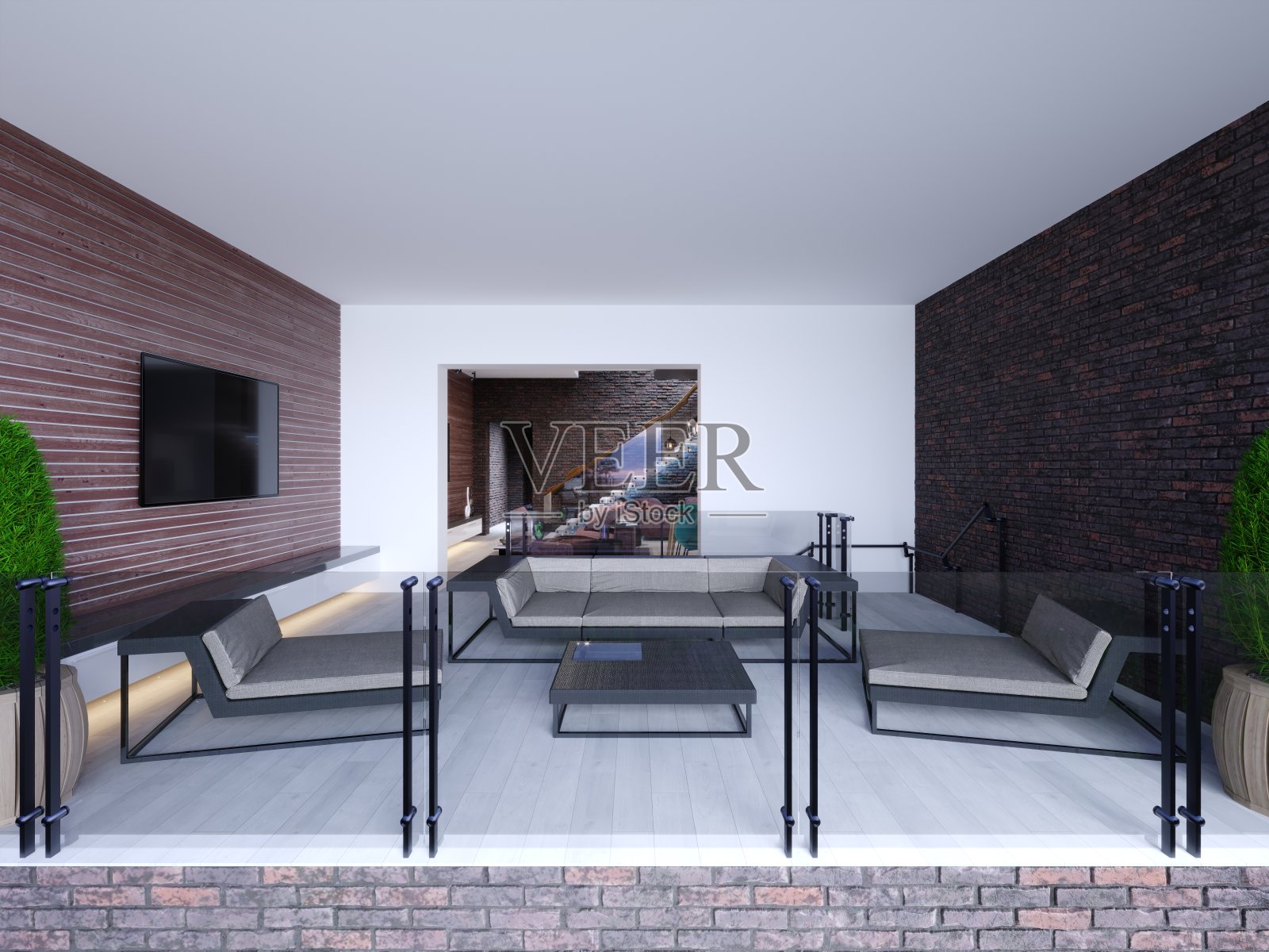 新设计的阁楼风格露台，带砖墙、户外家具、花盆和玻璃栏杆照片摄影图片