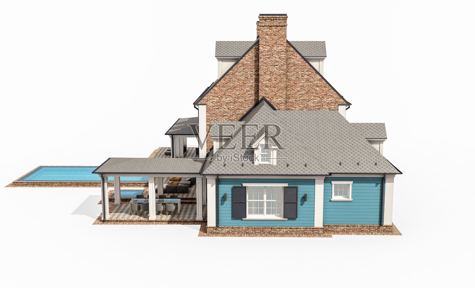 白色背景下的现代经典殖民风格房屋3D渲染照片摄影图片