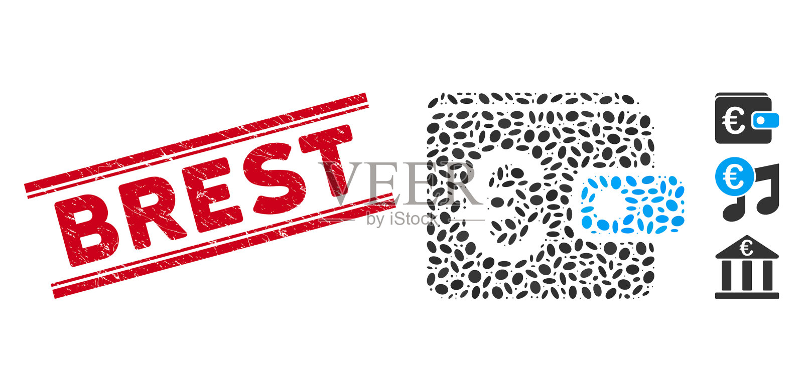 Grunge Brest线印章和马赛克欧元钱包图标插画图片素材