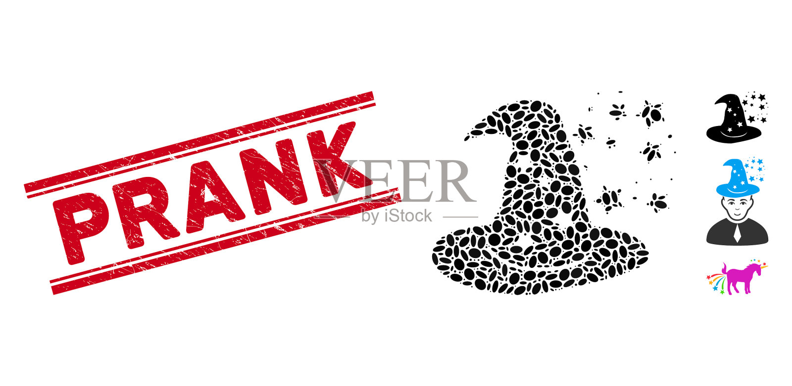 垃圾恶作剧线邮票与马赛克魔术帽图标插画图片素材