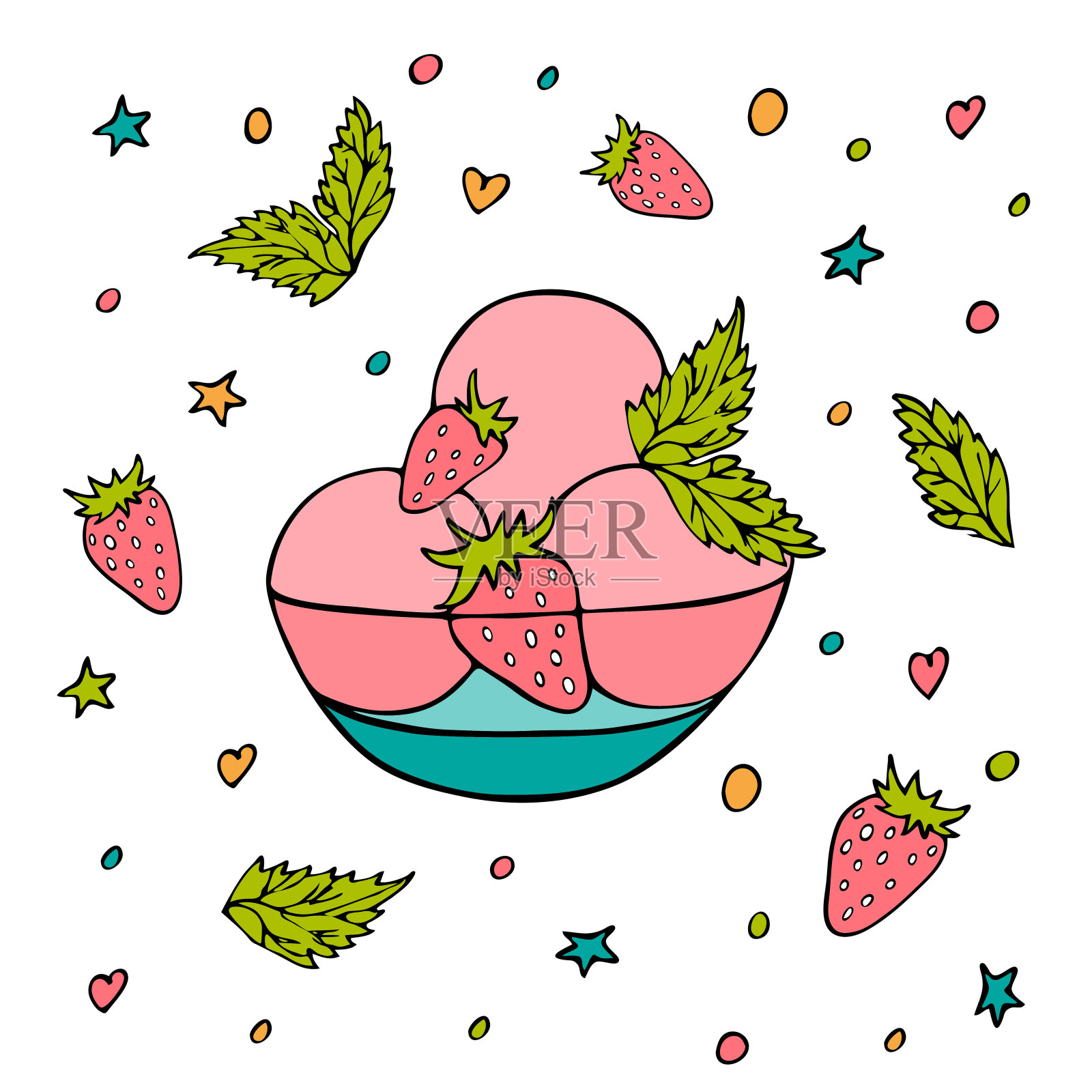 装在玻璃花瓶里的冰淇淋球，还有草莓和薄荷。手绘。夏天美味的甜点。零食。向量插画图片素材