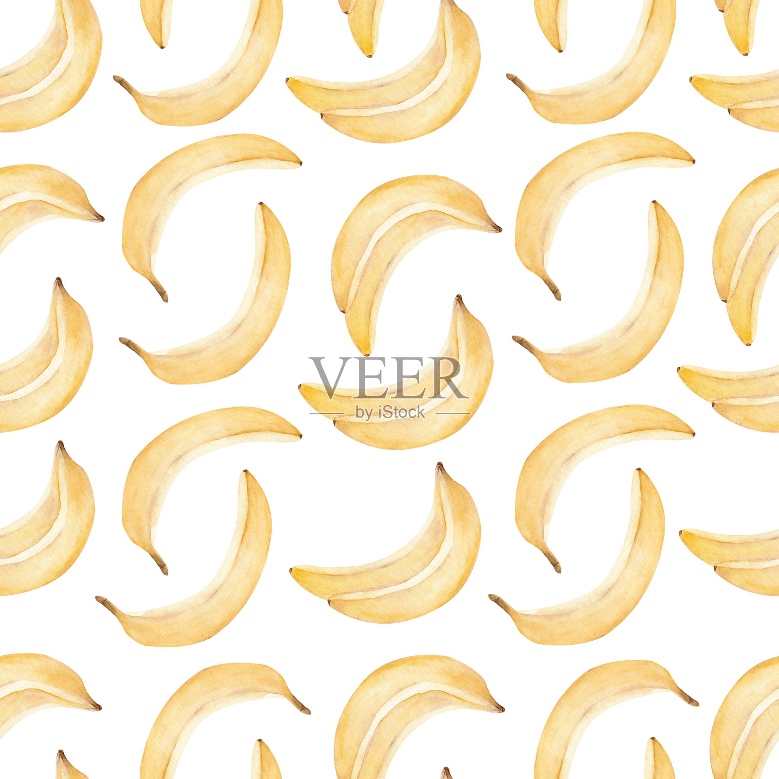香蕉黄色热带水果水彩数码纸。手绘无缝图案剪贴画。插画图片素材