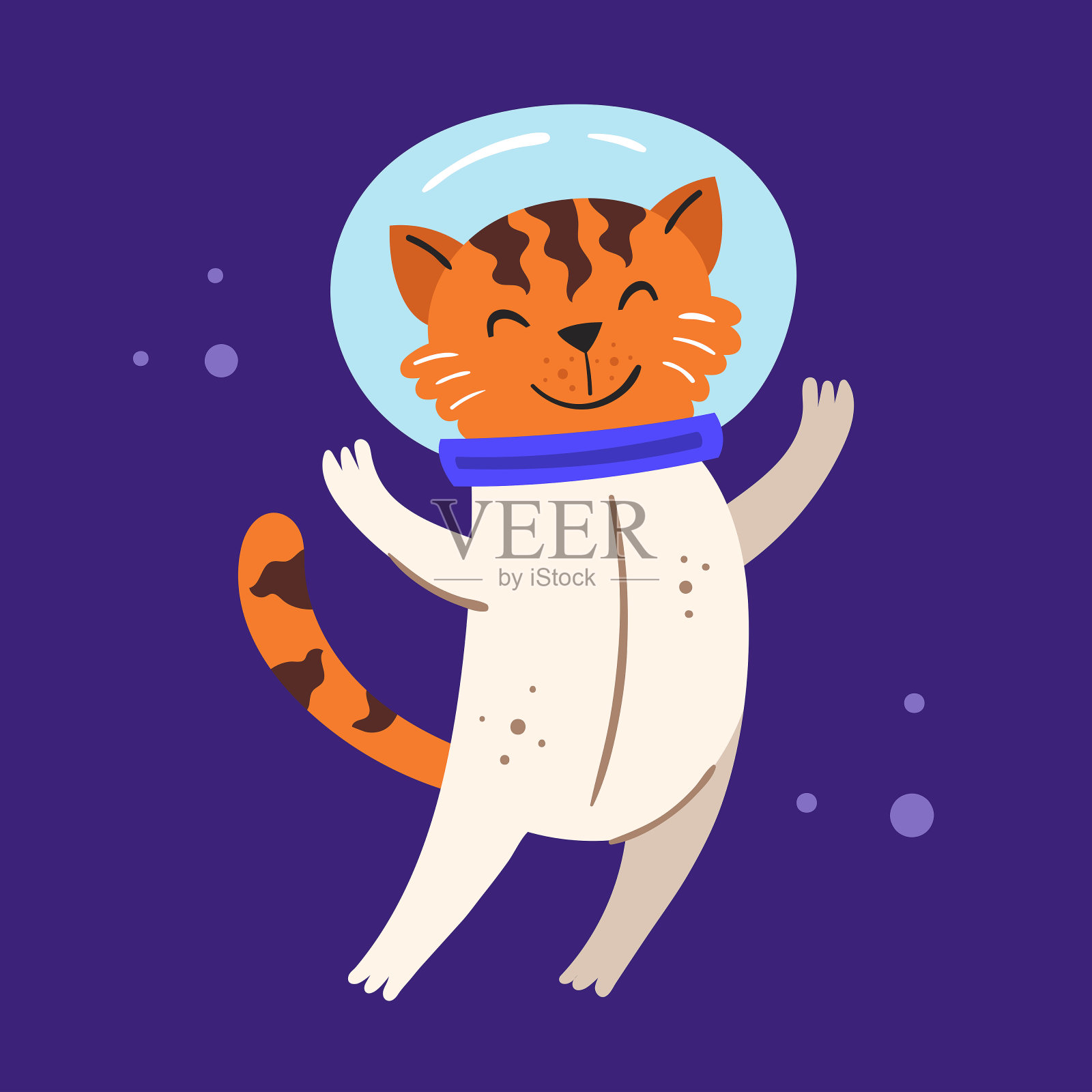 宇宙矢量平面插图，元素，贴纸，图标。孤立在黑暗背景。外太空的动物。宇航员，太空，压力服。老虎,野生的猫。星系,科学。儿童卡通艺术插画图片素材