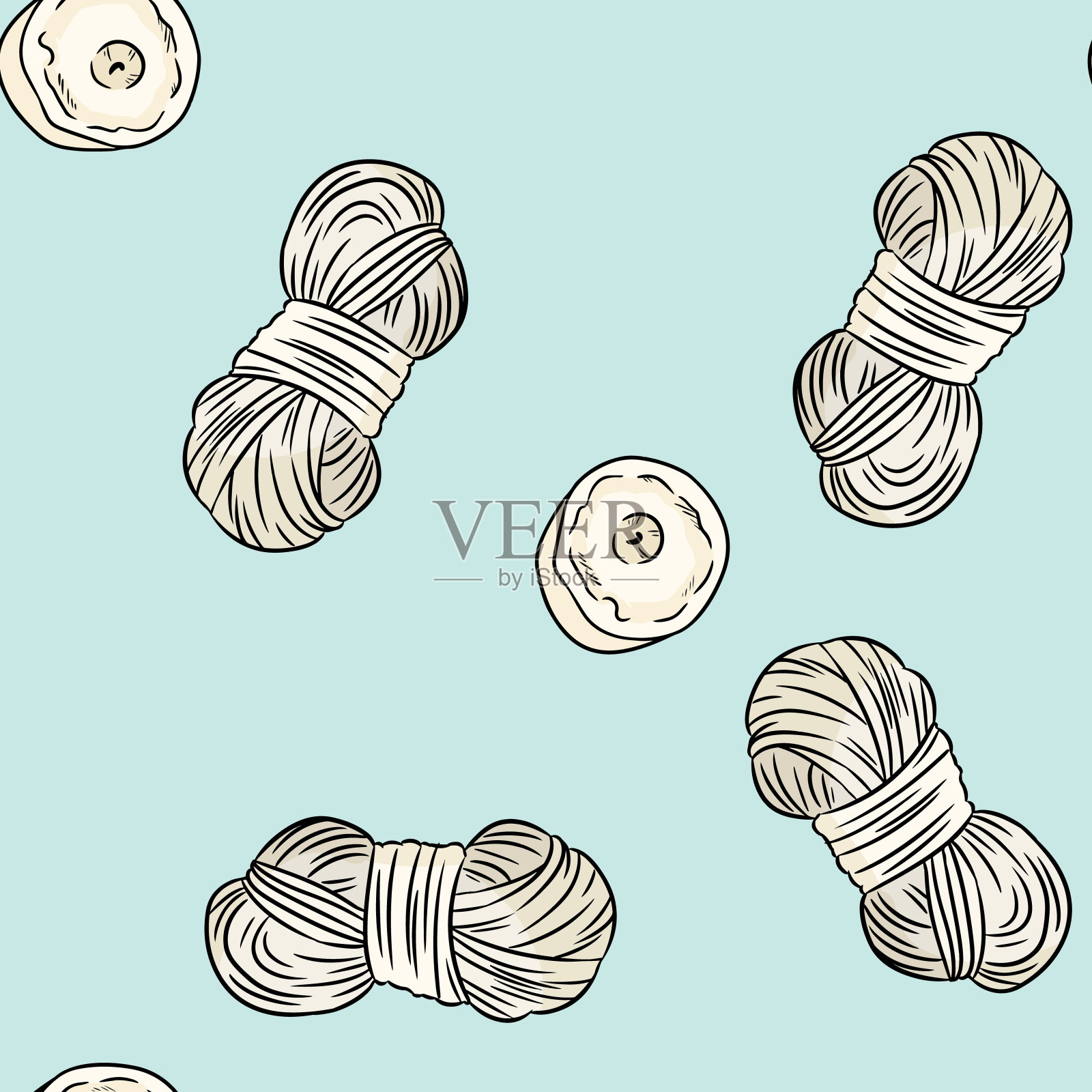 棉纱和蜡烛漫画风格涂鸦俯视图无缝边界图案。舒适的波西米亚模板纹理背景瓷砖插画图片素材