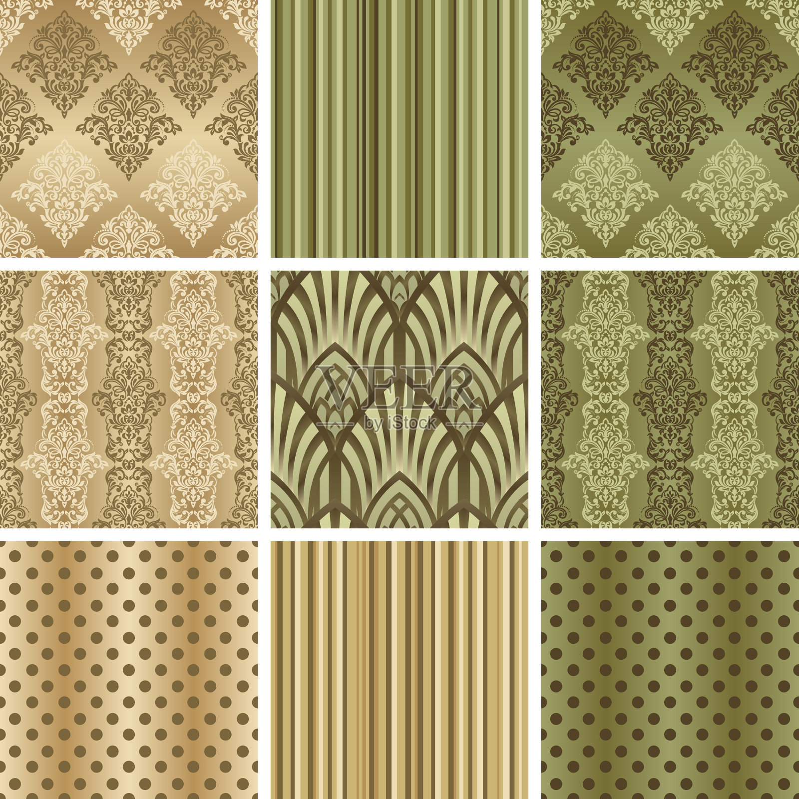米色和绿色大马士革无缝图案合集插画图片素材