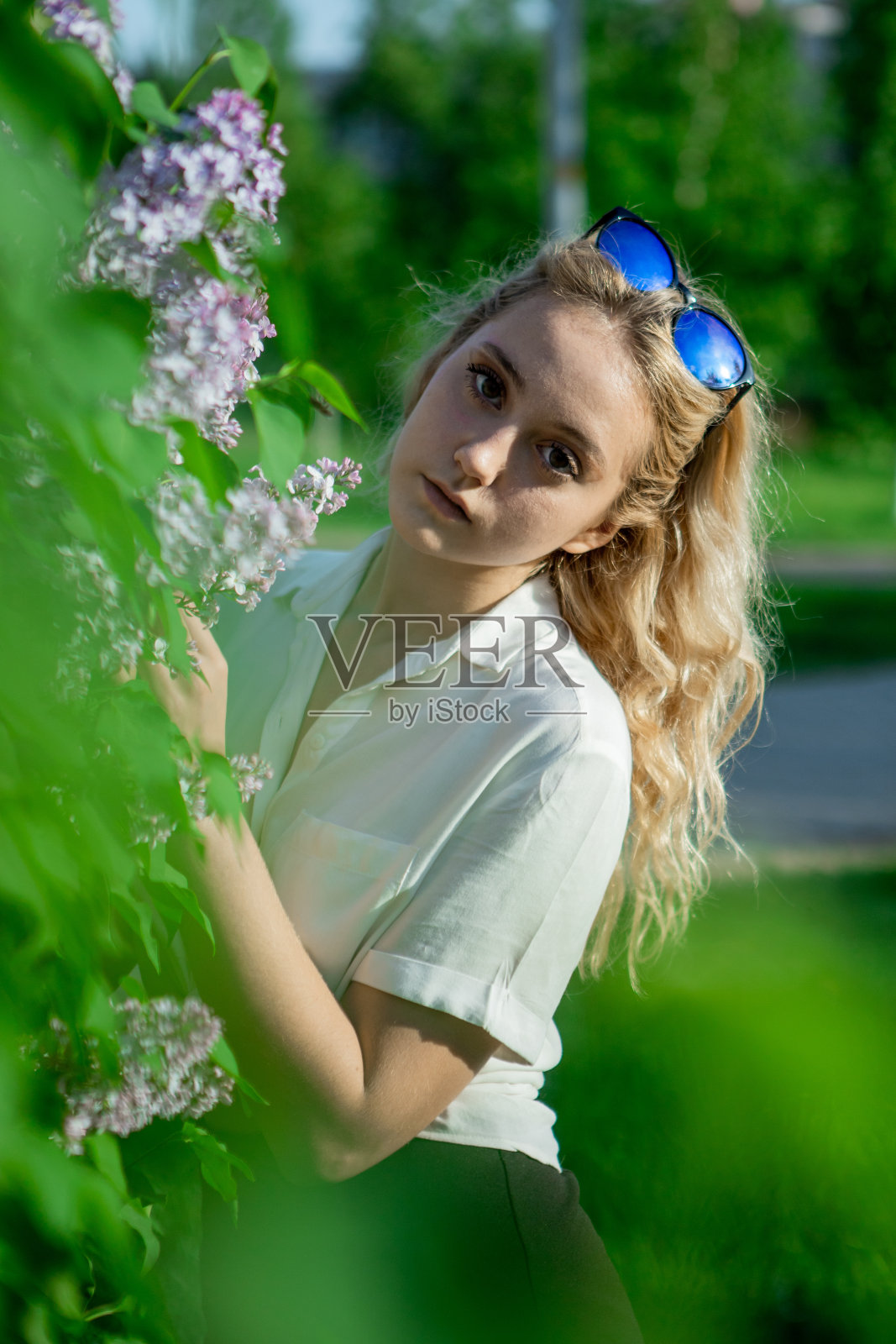 一个穿着白衬衫的少女。光,优雅的头发。太阳镜。站在公园里盛开的丁香花丛旁。照片摄影图片