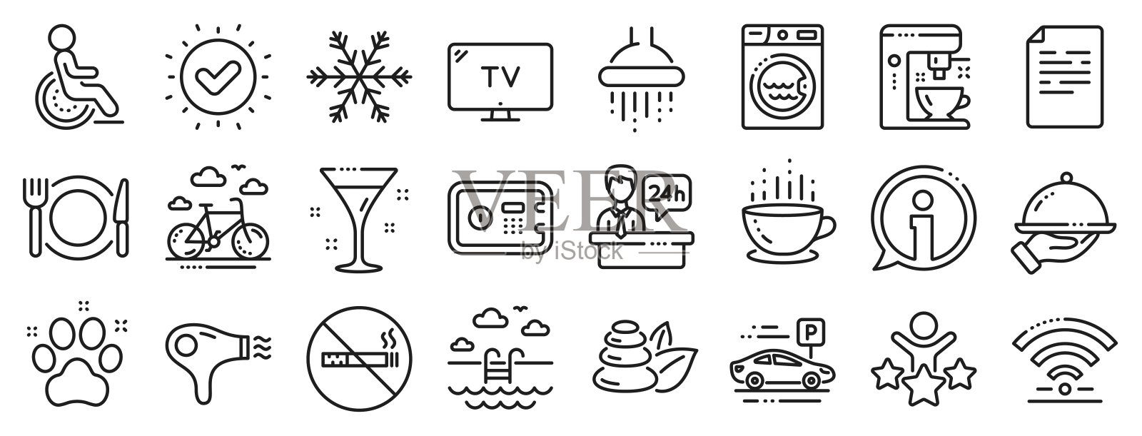 酒店服务线路图标。Wi-Fi，空调和咖啡机。向量图标素材