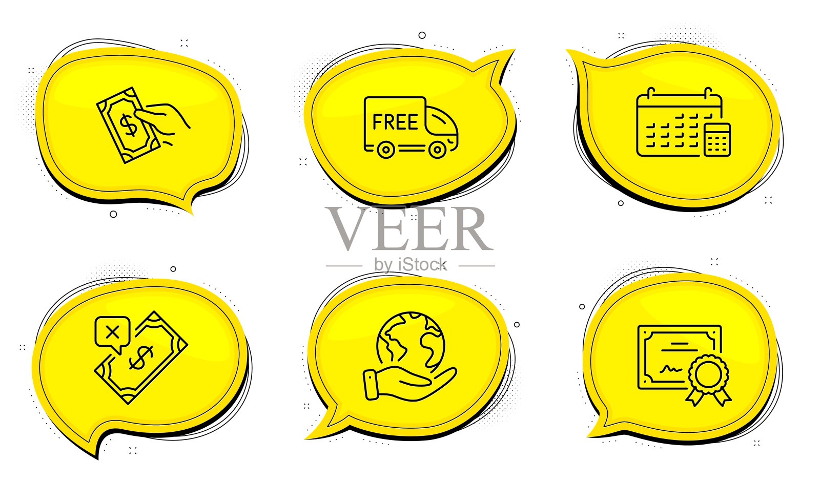 付款，拒绝付款和日历图标设置。免费送货的迹象。向量图标素材