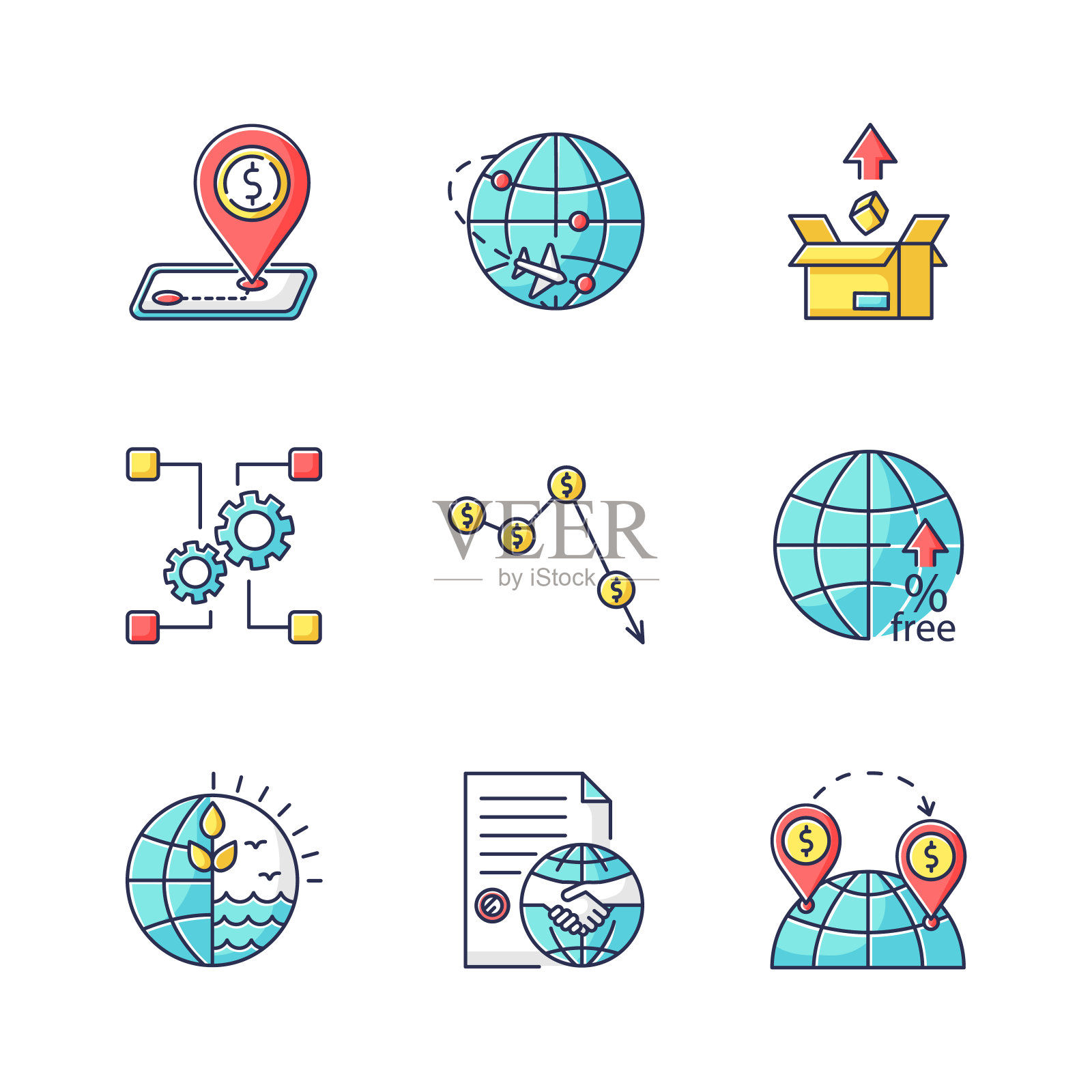 全球贸易，出口和投资RGB颜色图标集。税收和非关税壁垒，国际协议和货物交付。孤立的矢量插图图标素材