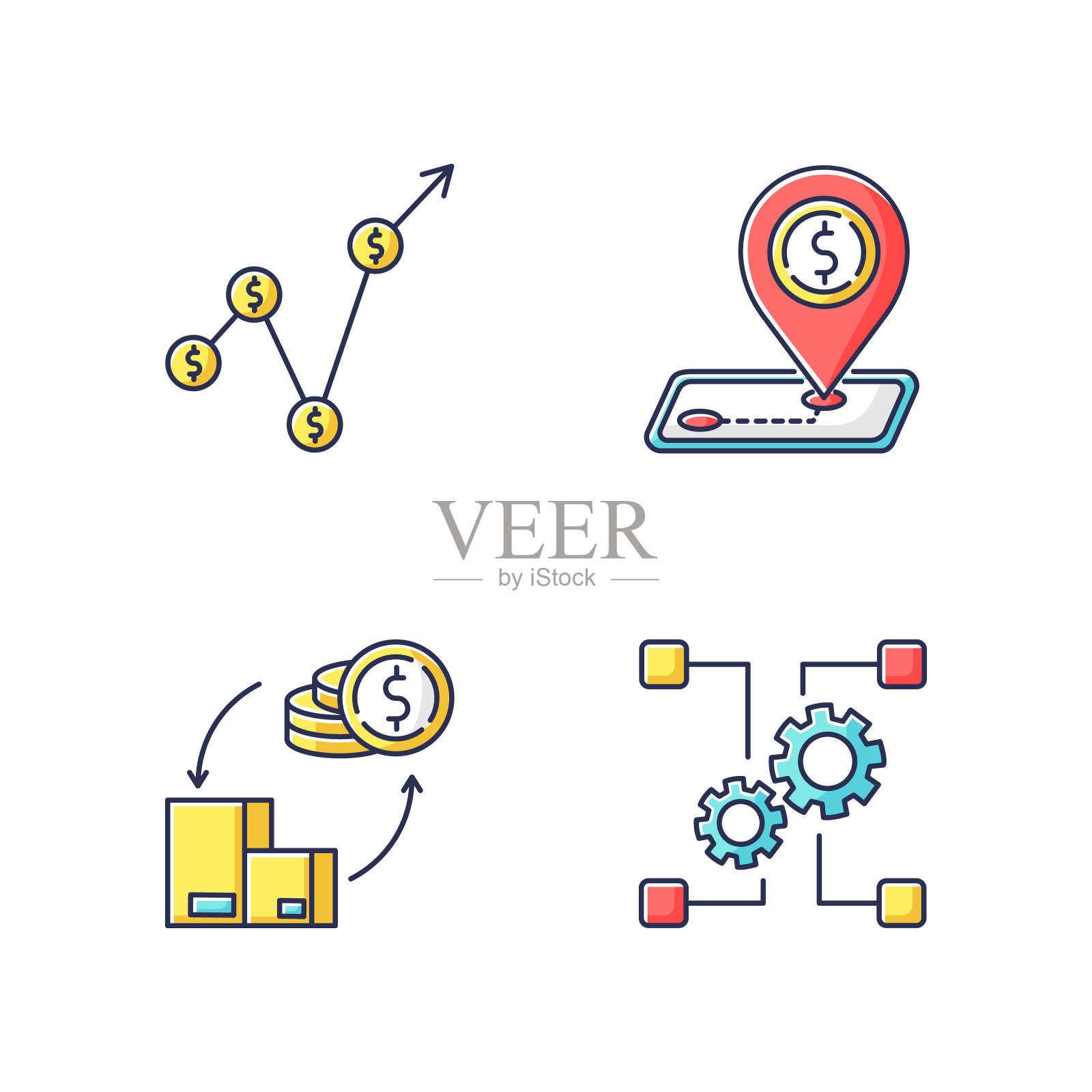国家经济和预算RGB颜色图标集。本地生产总值、外业及工业发展。关税和国际收支平衡。孤立的矢量插图图标素材