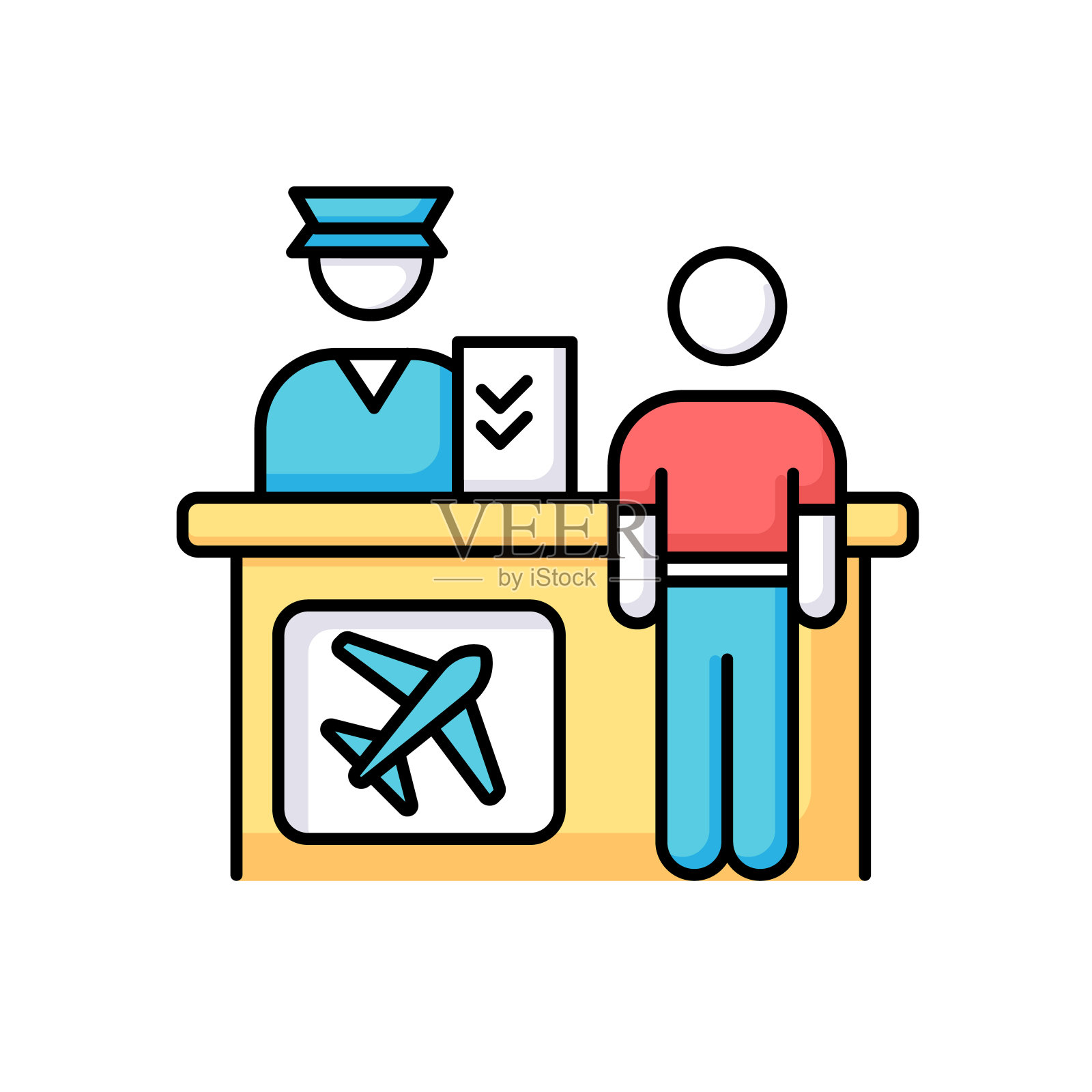 机场问讯处RGB颜色图标。飞机旅客登记处。提供航班信息的求助台。人接待。柜台人员检查。孤立的矢量图插画图片素材