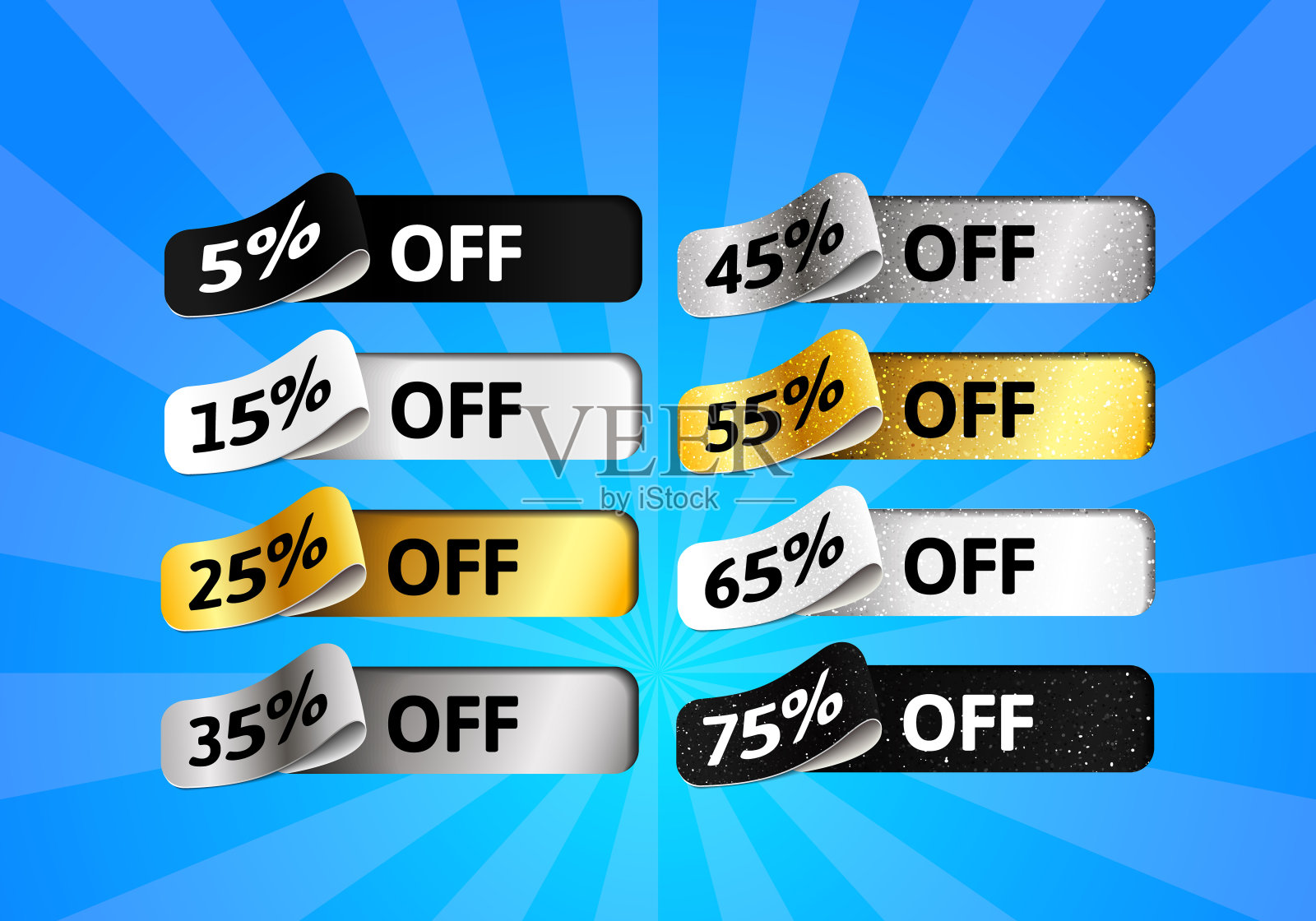 特价销售套装。金色，银色，黑色和白色闪亮标签百分比。3d贴纸模板设计设计元素图片