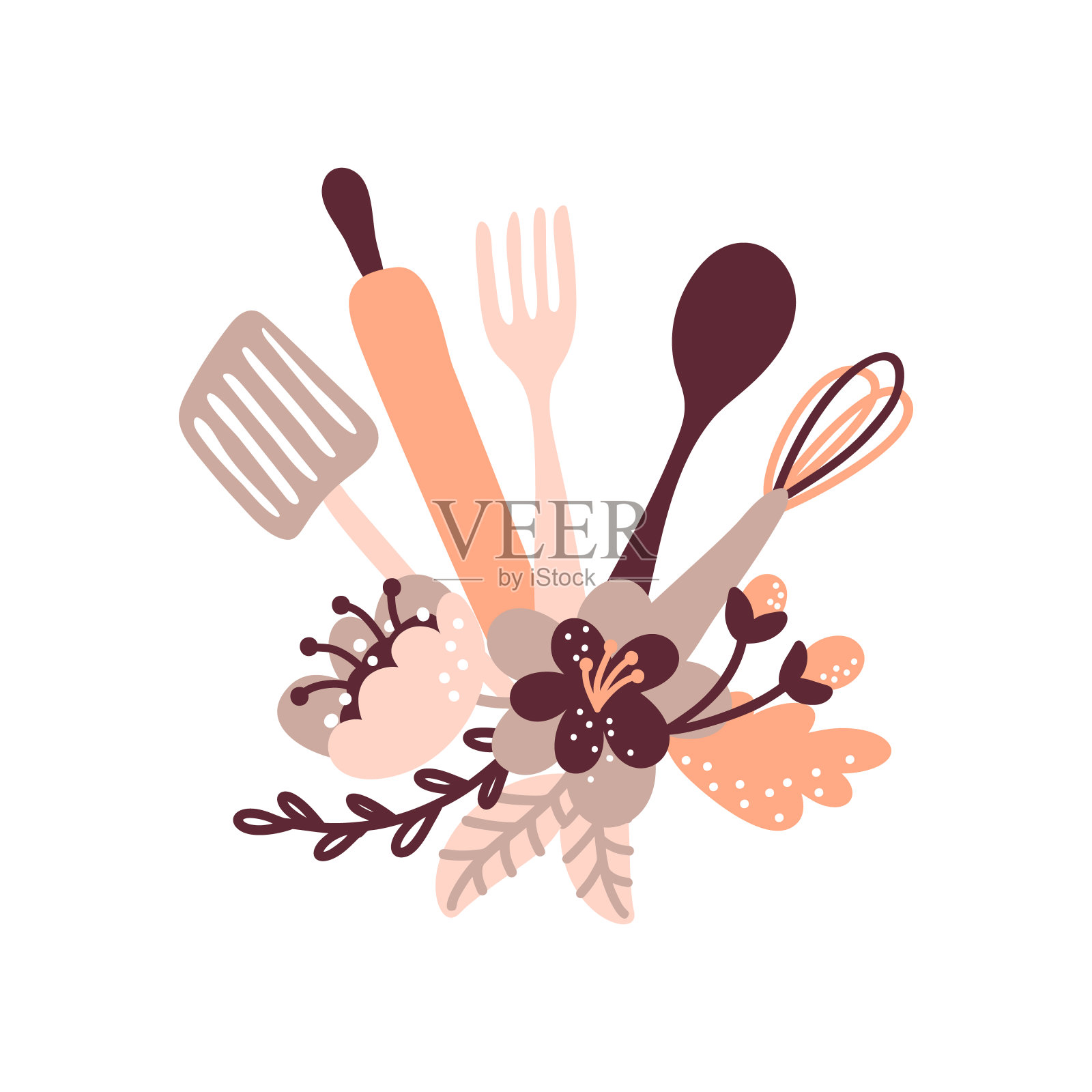 矢量厨房工具集为花束和鲜花。厨房用具。现代平面设计概念的网站横幅，网站，印刷材料插画图片素材