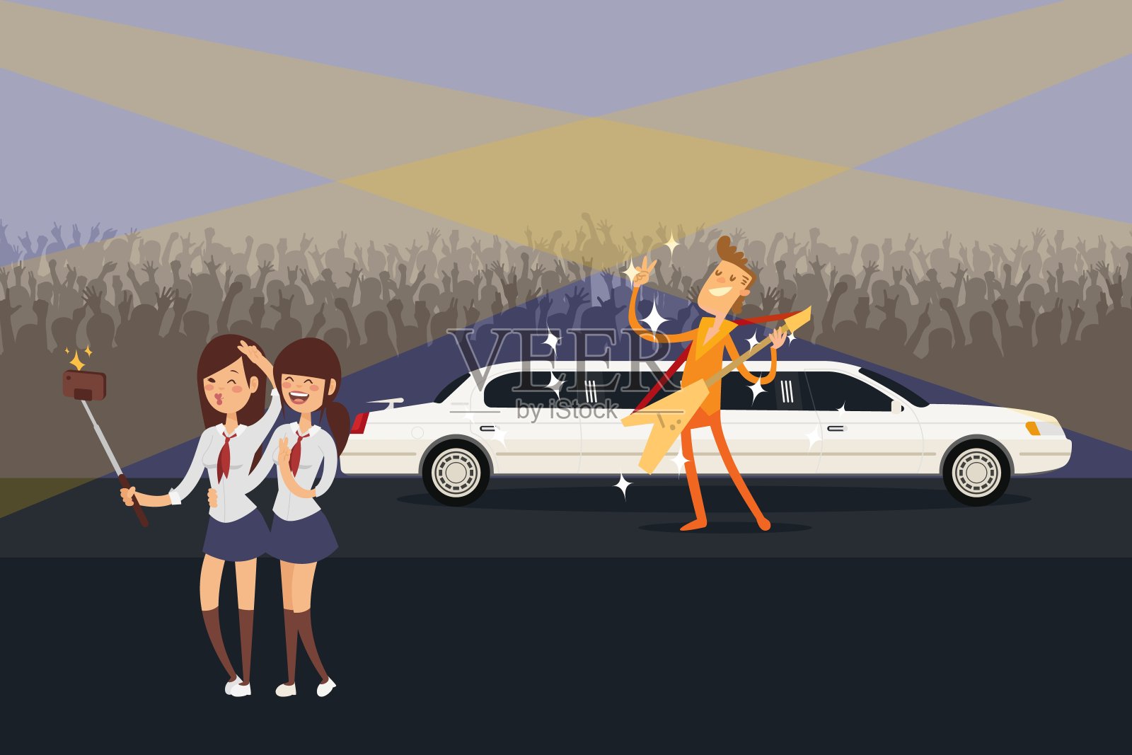自拍迷与音乐偶像、音乐会人物矢量插画。女孩拍照的男人摇滚，电吉他附近的豪华轿车。插画图片素材