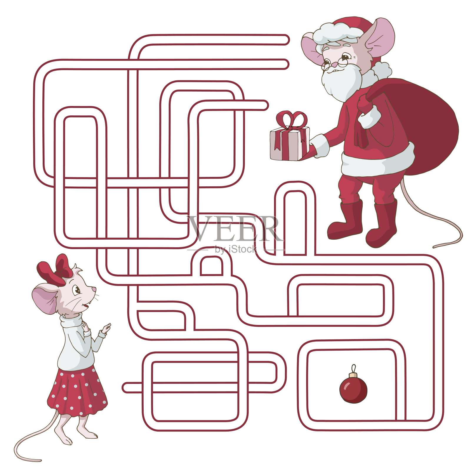 迷宫迷宫。圣诞老人老鼠给老鼠女孩一个礼物。插画图片素材