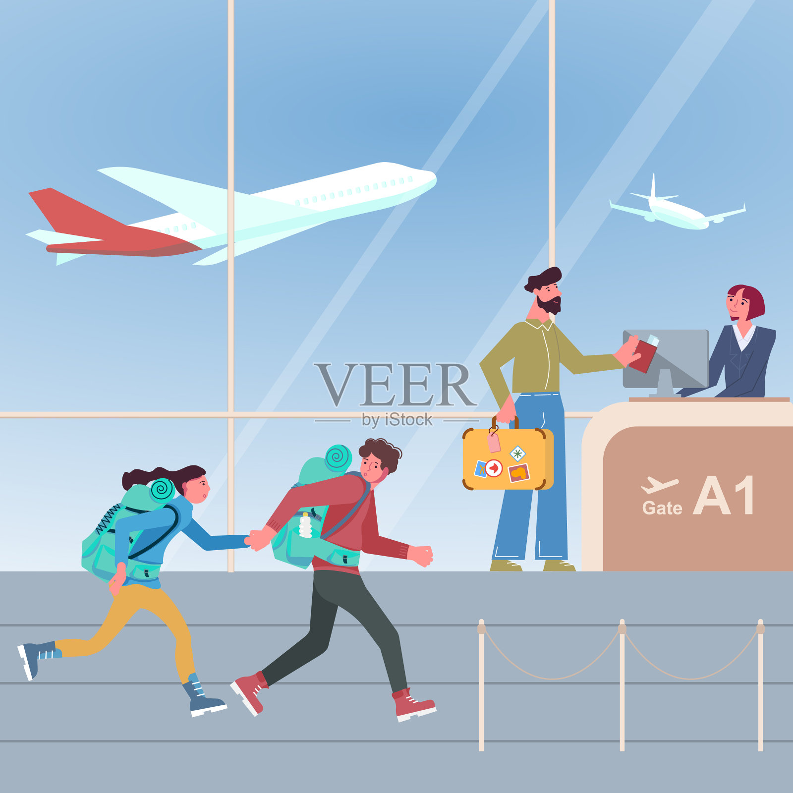 人们去飞机降落插画图片素材