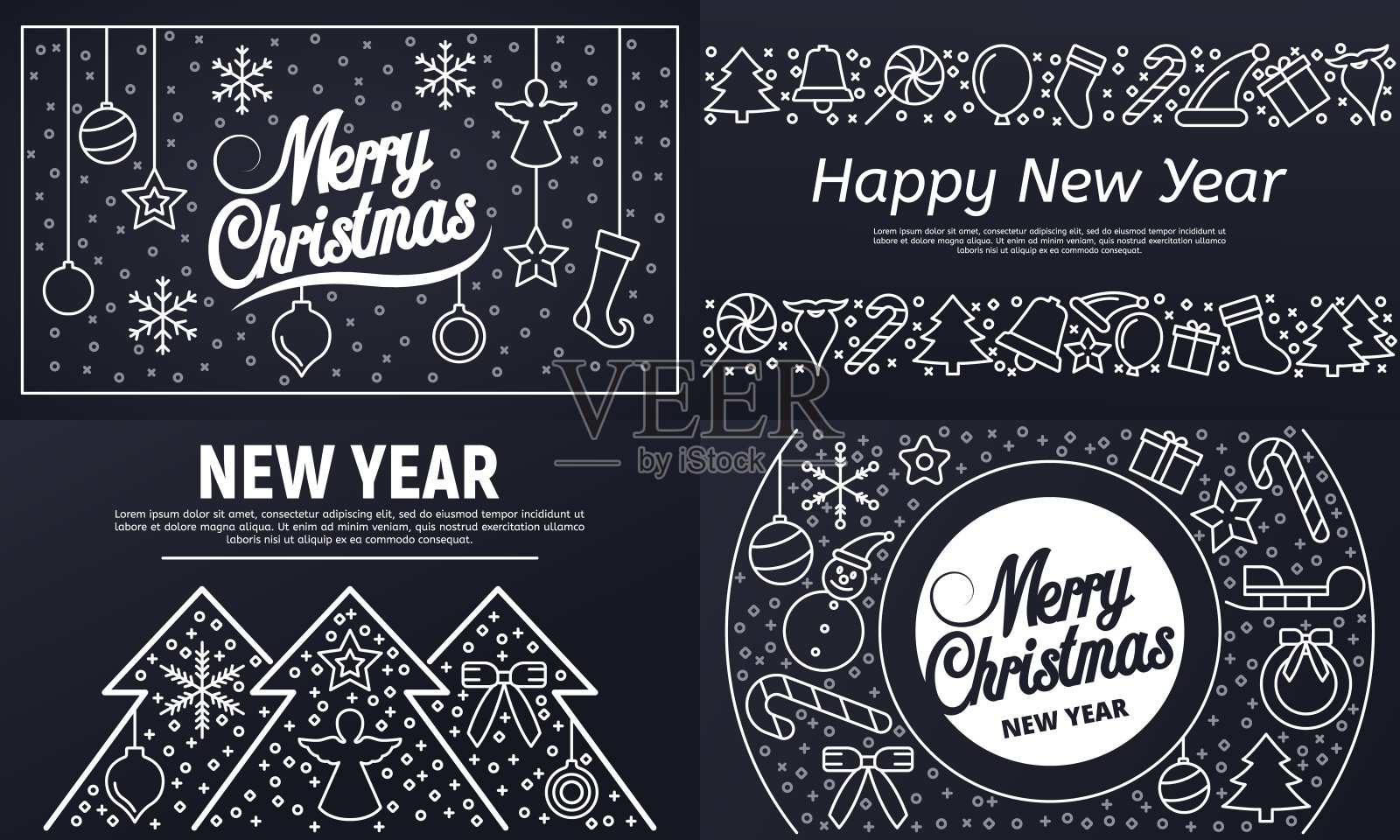 圣诞横幅设置，轮廓风格设计模板素材