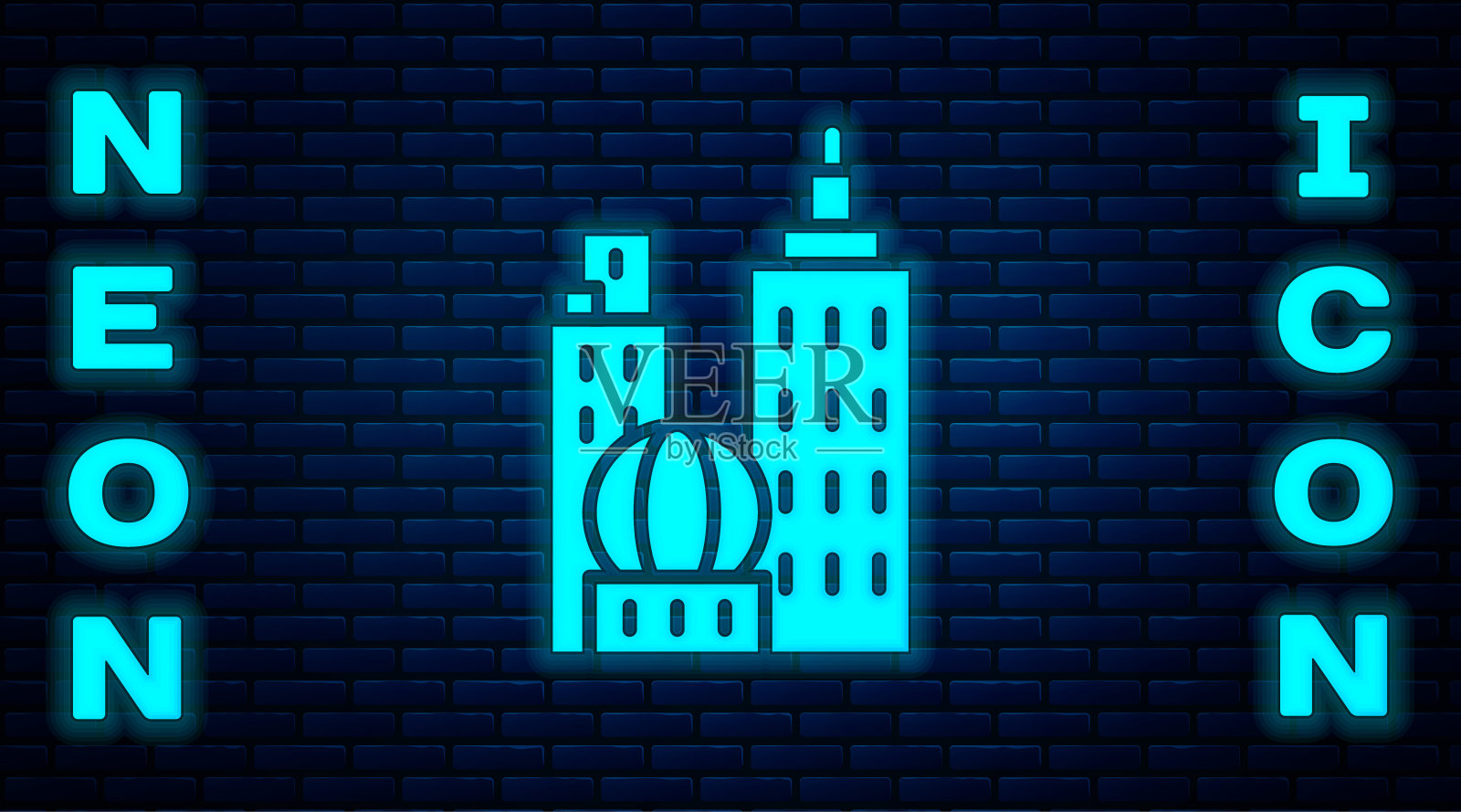 霓虹灯城市景观图标孤立在砖墙背景上。都市建筑全景景观。矢量图插画图片素材