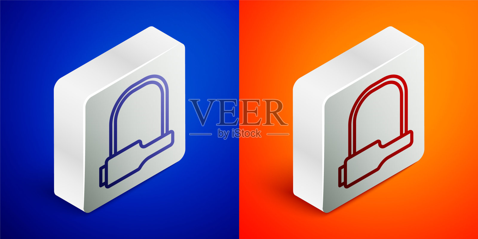 自行车锁U形工业图标孤立在蓝色和橙色的背景上。银广场按钮。矢量图图标素材