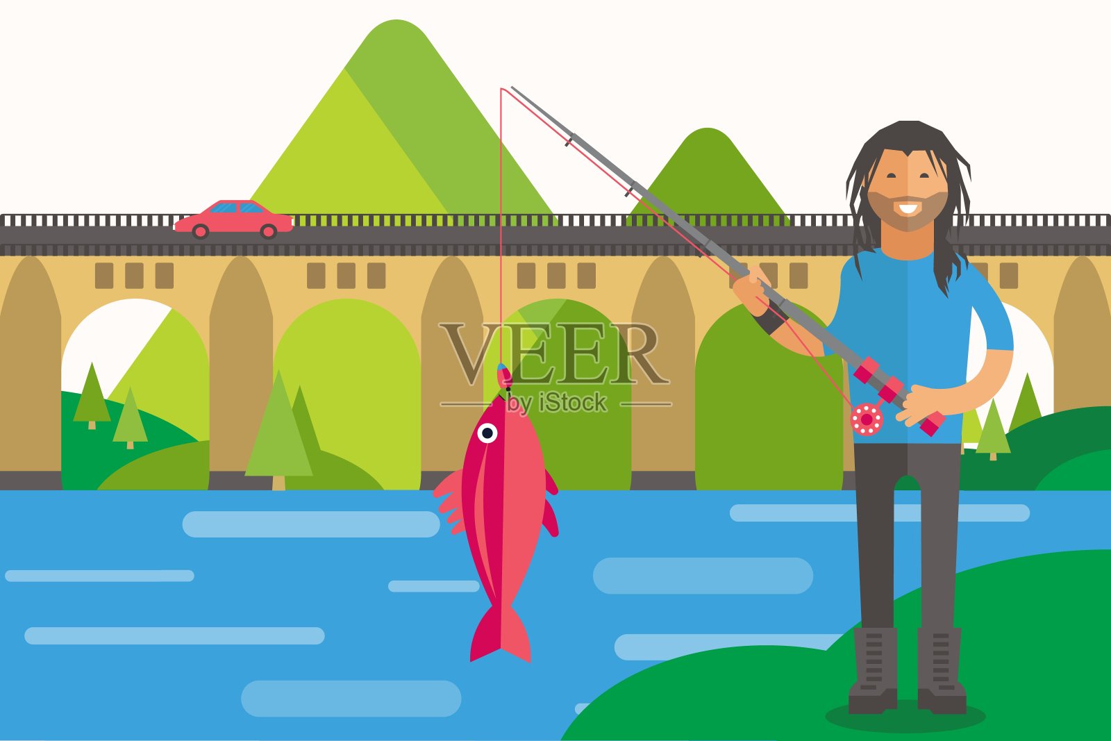 渔民与良好的捕获，矢量插图。性格长头发的男人拿着鱼竿，大鱼挂在鱼钩上。插画图片素材