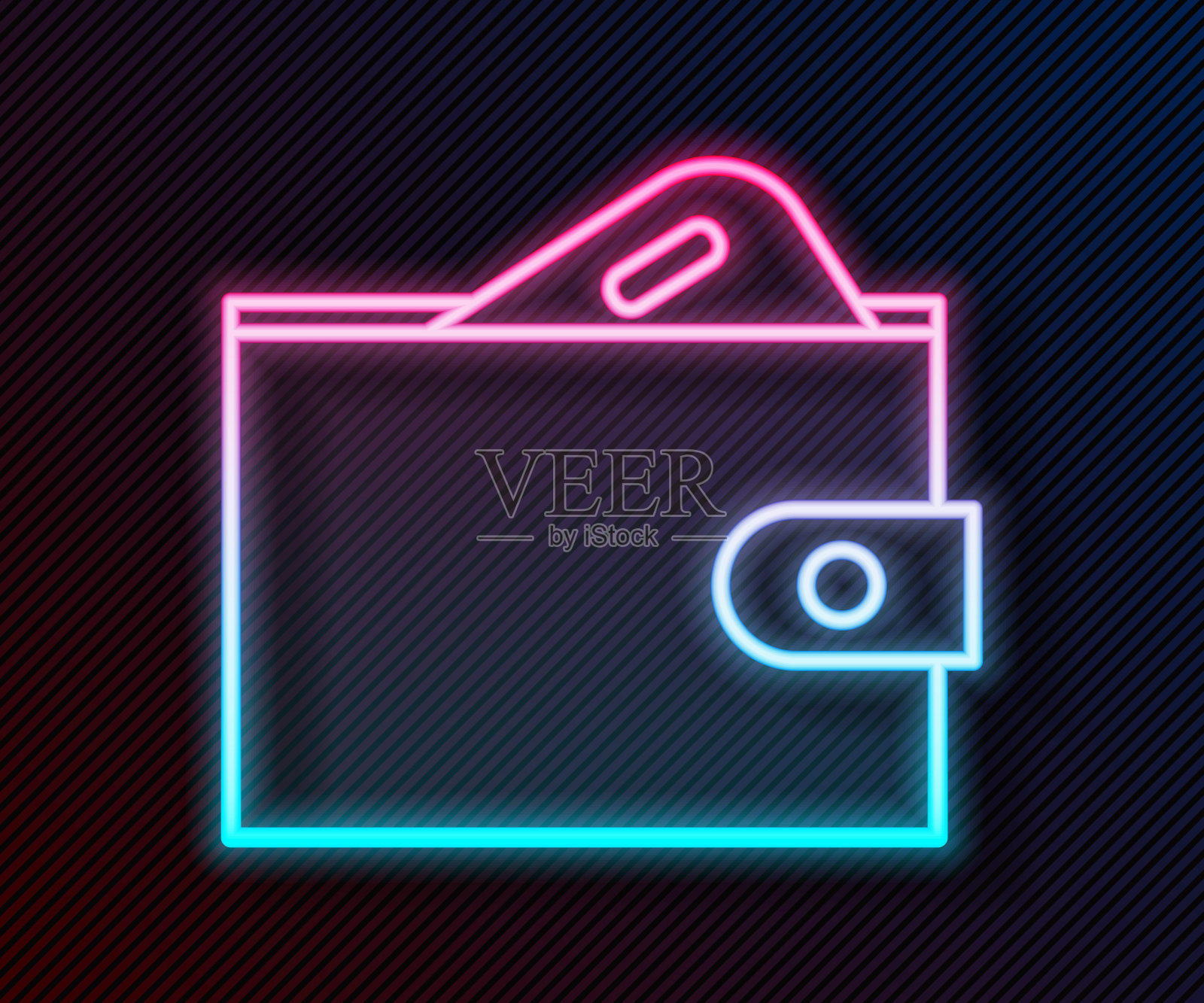 发光的霓虹线钱包与堆栈纸币现金图标孤立在黑色背景。钱包图标。现金储蓄的象征。矢量图插画图片素材