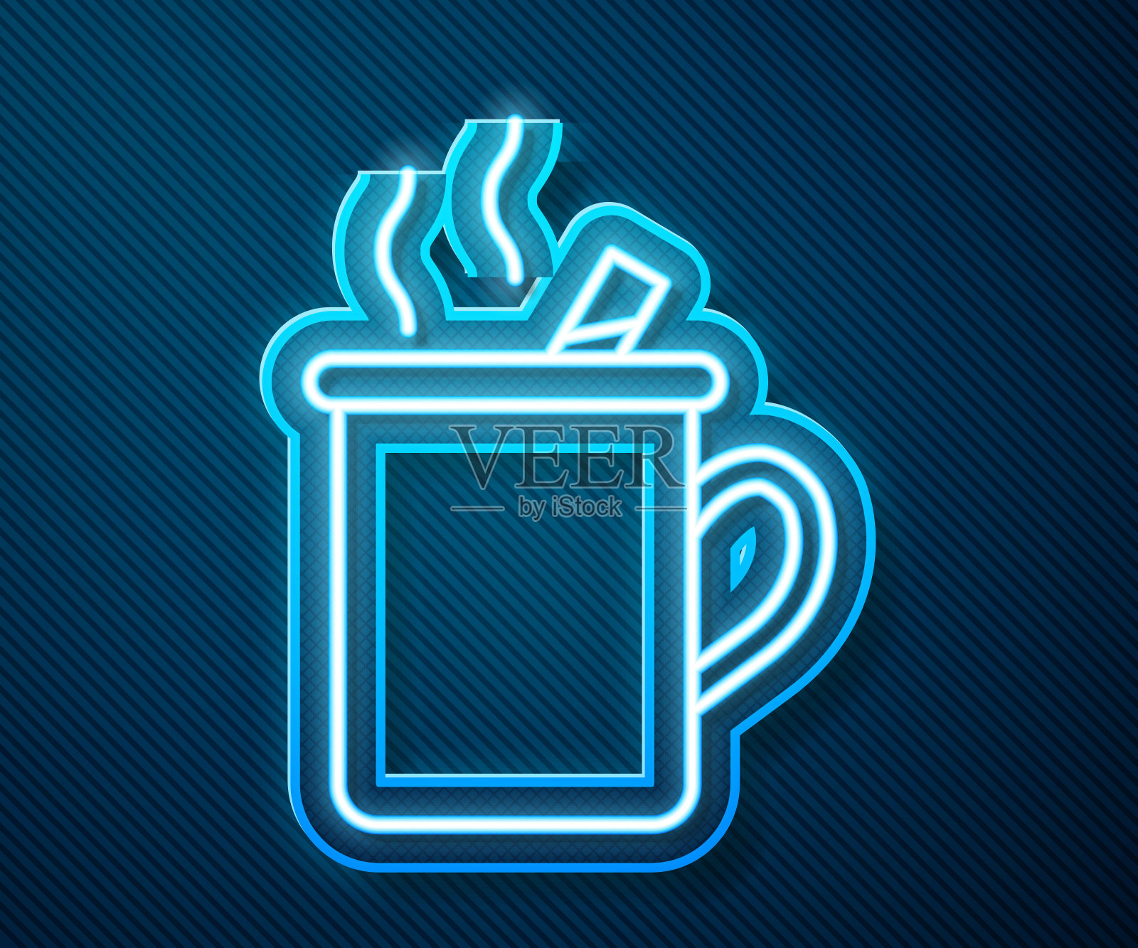 发光的霓虹线热葡萄酒与一杯饮料和配料图标孤立在蓝色背景。肉桂棒，丁香，柠檬片。矢量图插画图片素材