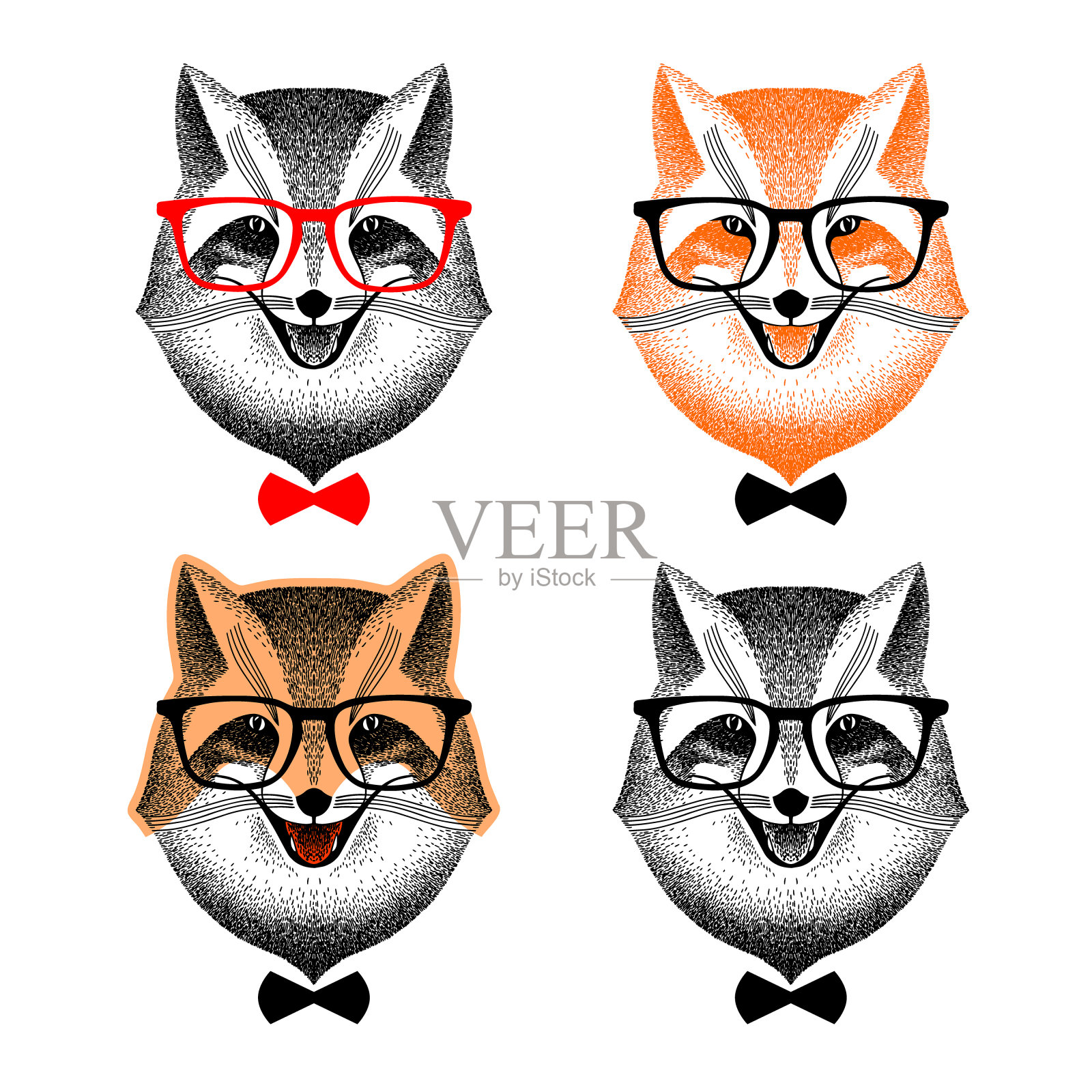 戴着眼镜的狐狸的肖像。戴蝴蝶结的狐狸。狐狸潮人。一组时尚狐狸的肖像。潮人的风格。设计元素图片