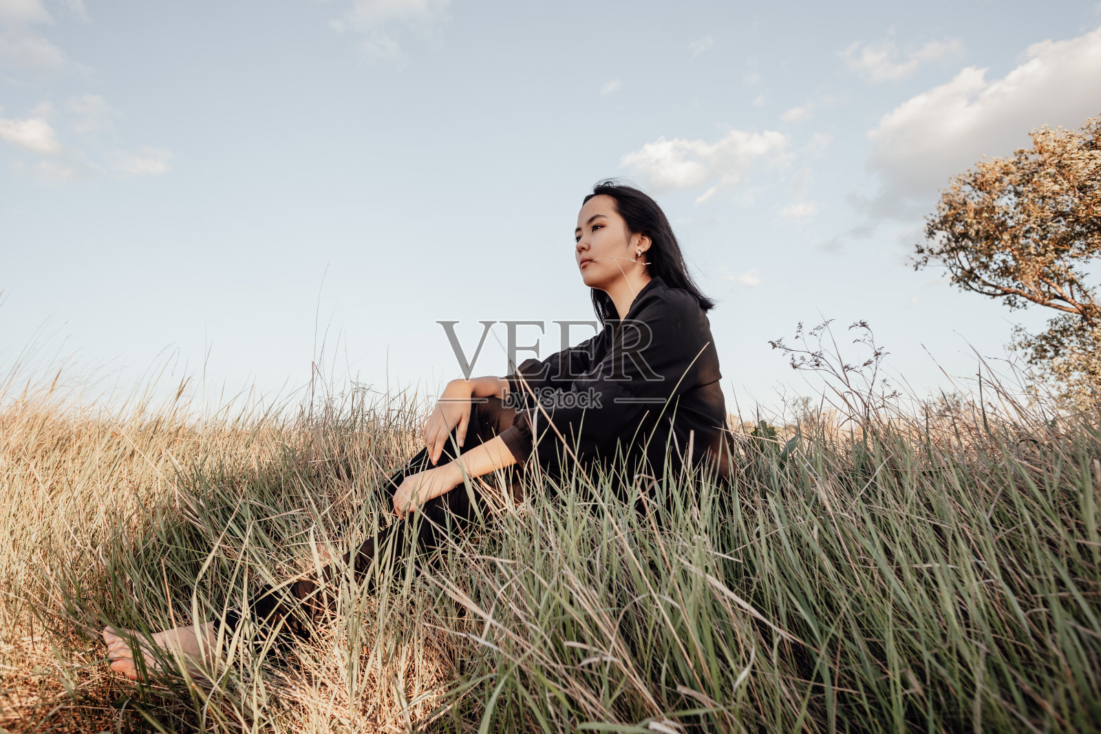 一个女孩正坐在田野的草地上照片摄影图片