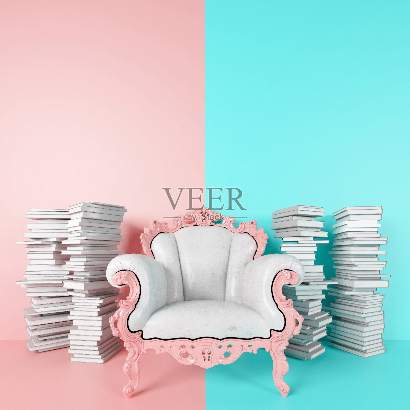白色和粉色的复古真皮扶手椅老板古典风格和各种书籍，古老和古董，在一个蓝色和粉红色的照明背景上，文字和复制的空间，深色，3D插图照片摄影图片