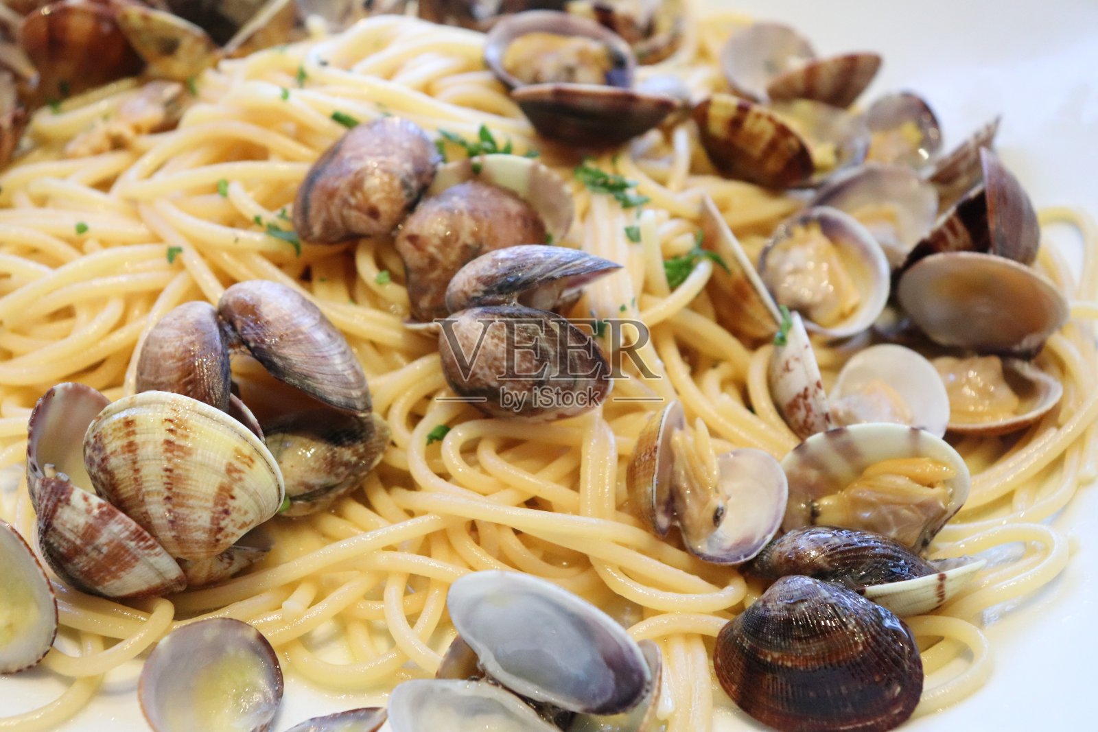 一盘蛤蜊意大利面照片摄影图片