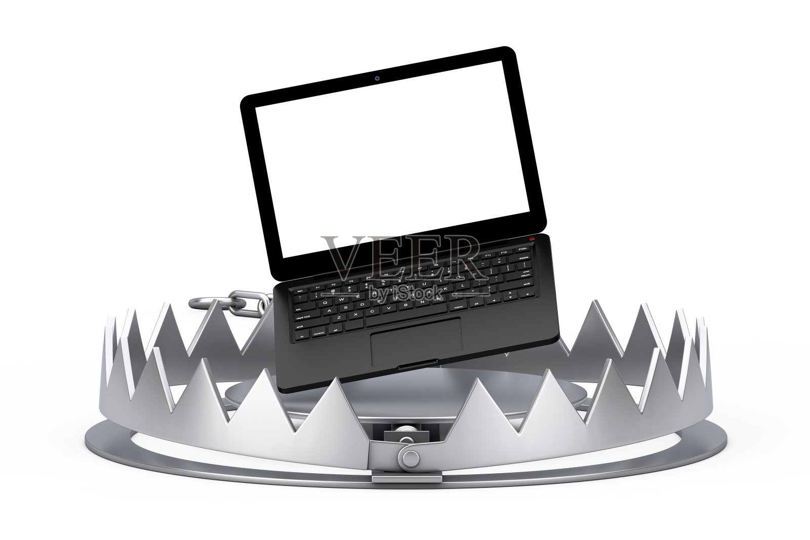金属熊陷阱和现代笔记本电脑与白屏设计。3d渲染照片摄影图片