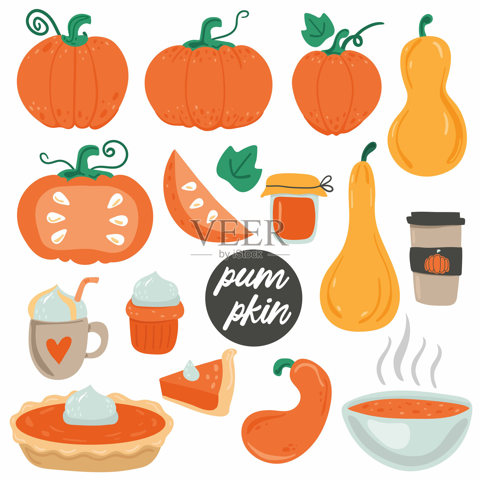 南瓜食品。整个派和切片，香料拿铁和汤，小蛋糕和果酱。秋季收集南瓜菜。彩色涂鸦矢量孤立收藏插画图片素材