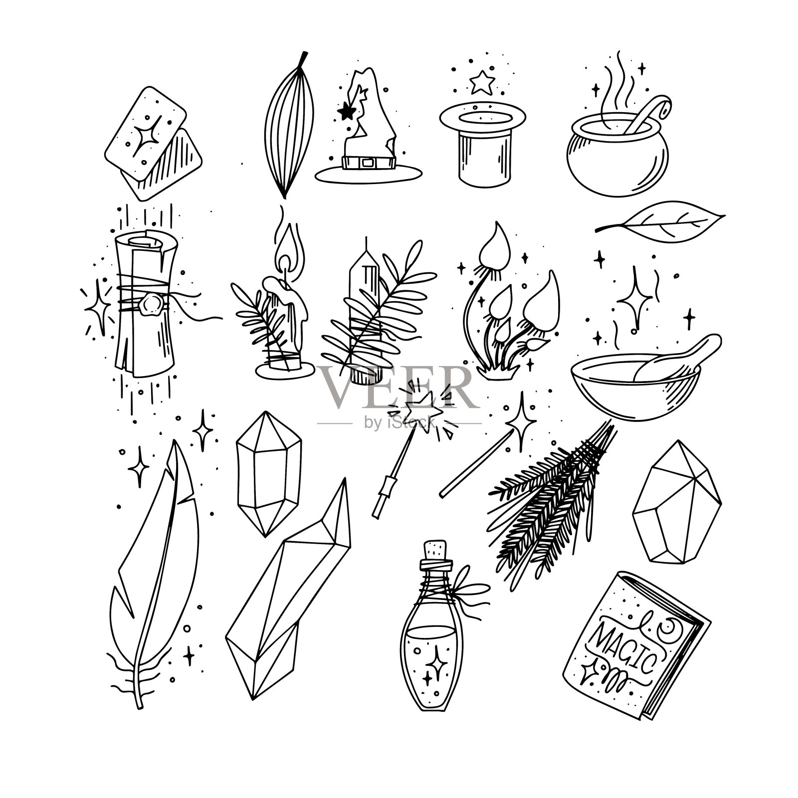 神奇的向量集。紫色背景上的魔法物体。包含图标，如魔术帽，魔杖，咒语书，效果和更多。矢量图插画图片素材