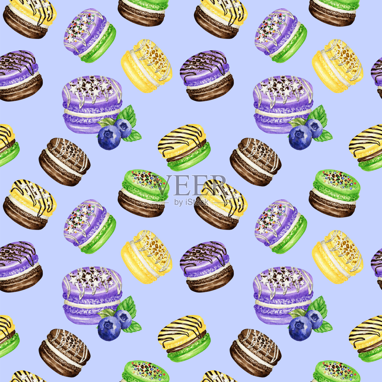 手绘水彩法式马卡龙蛋糕无缝图案。巧克力、香草、水果甜点上的紫色背景彩色杏仁饼干，蓝莓、薄荷、香蕉等质地香甜的织物插画图片素材