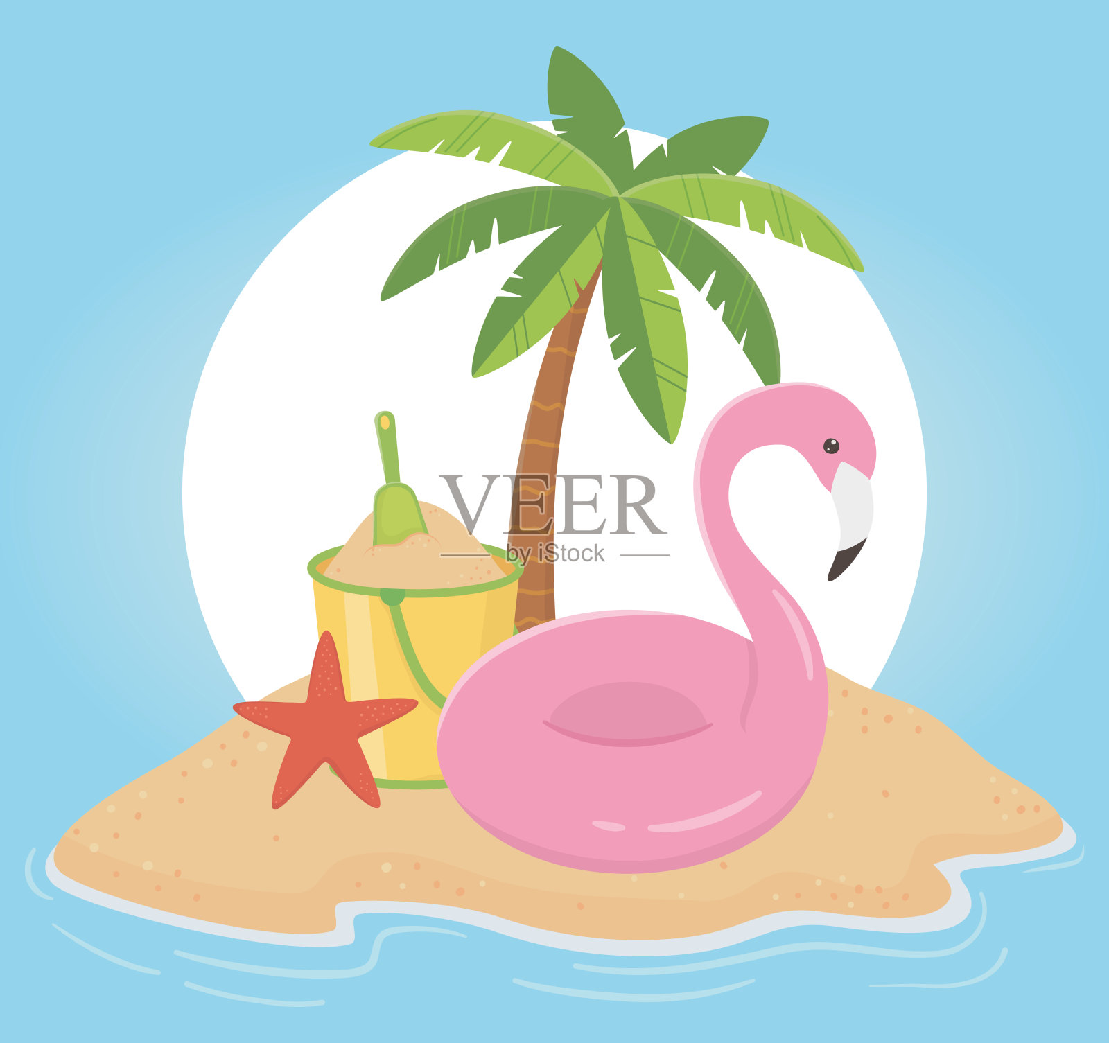 夏季旅游度假浮火烈鸟沙桶铲棕榈树插画图片素材