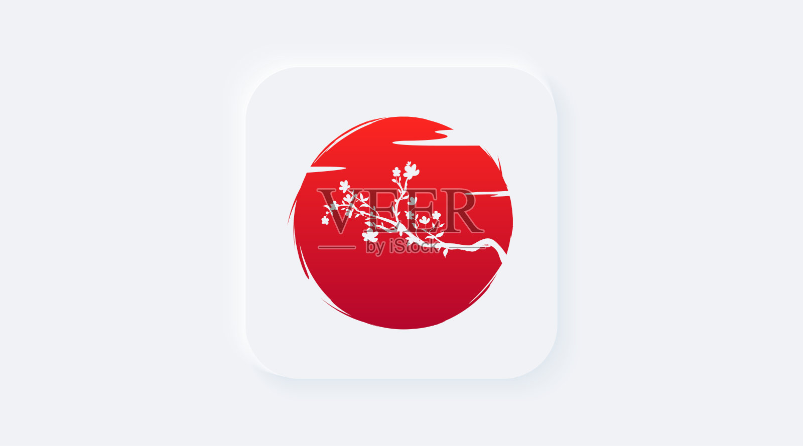 日本标志的旗。亮白色渐变按钮。剪影樱花枝上的花和云的背景日。Neumorphic效应插画图片素材