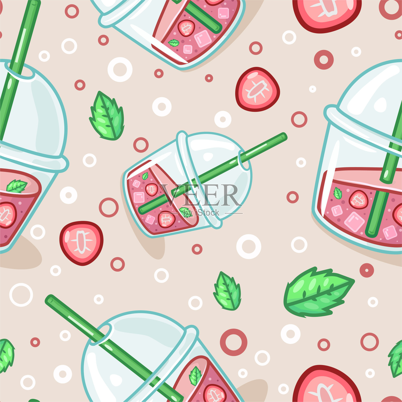 无缝矢量模式的新鲜夏季饮料，鸡尾酒和柠檬水插画图片素材