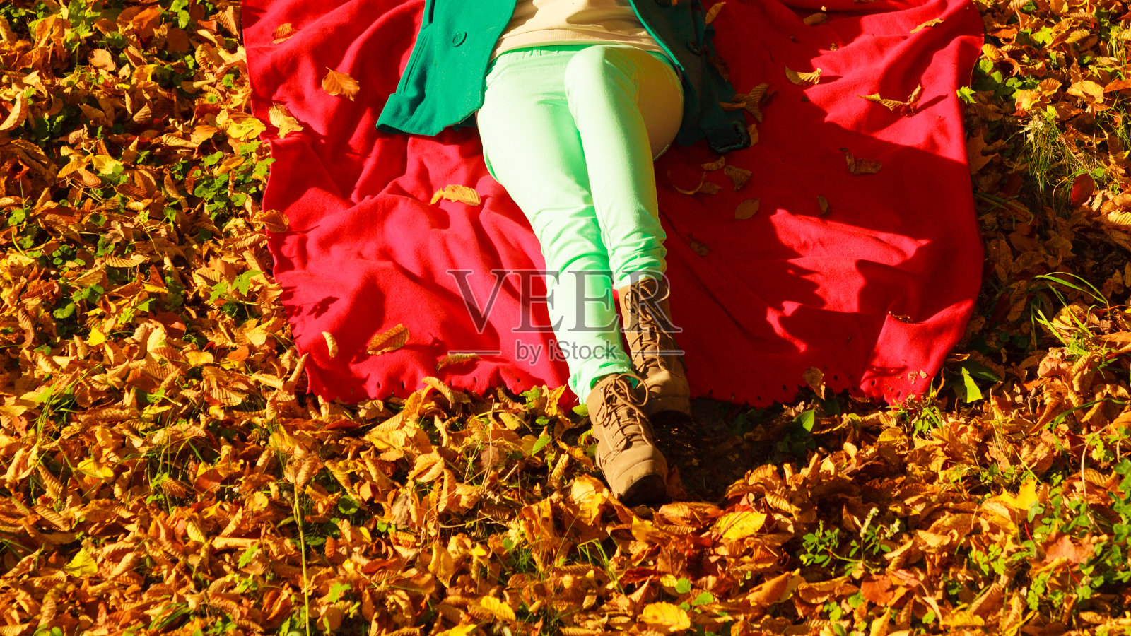 坐在秋叶上的女人照片摄影图片