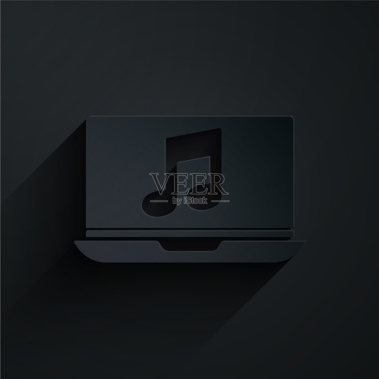 剪纸笔记本电脑与音乐音符符号在屏幕上图标素材