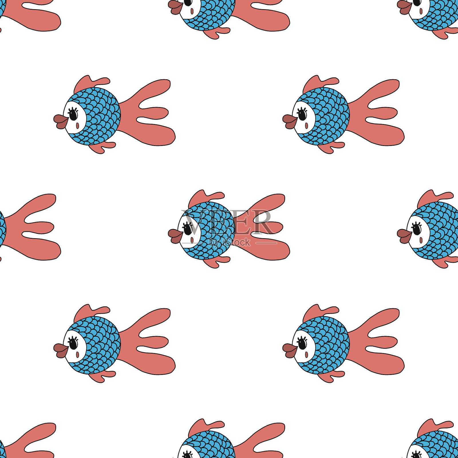 无缝图案与可爱的鱼色手插画图片素材