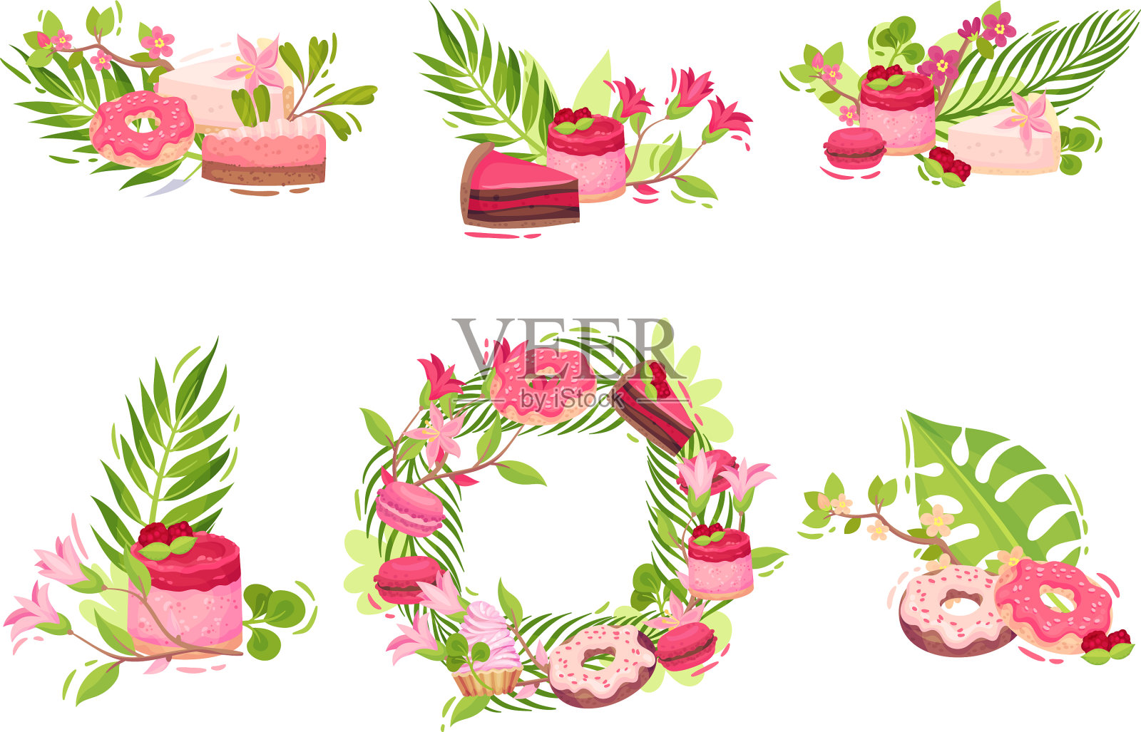 鲜花和糖果与芝士蛋糕的组合插画图片素材