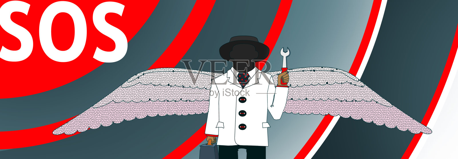 拿着扳手的天使。应对危机打电话给经理。插画图片素材