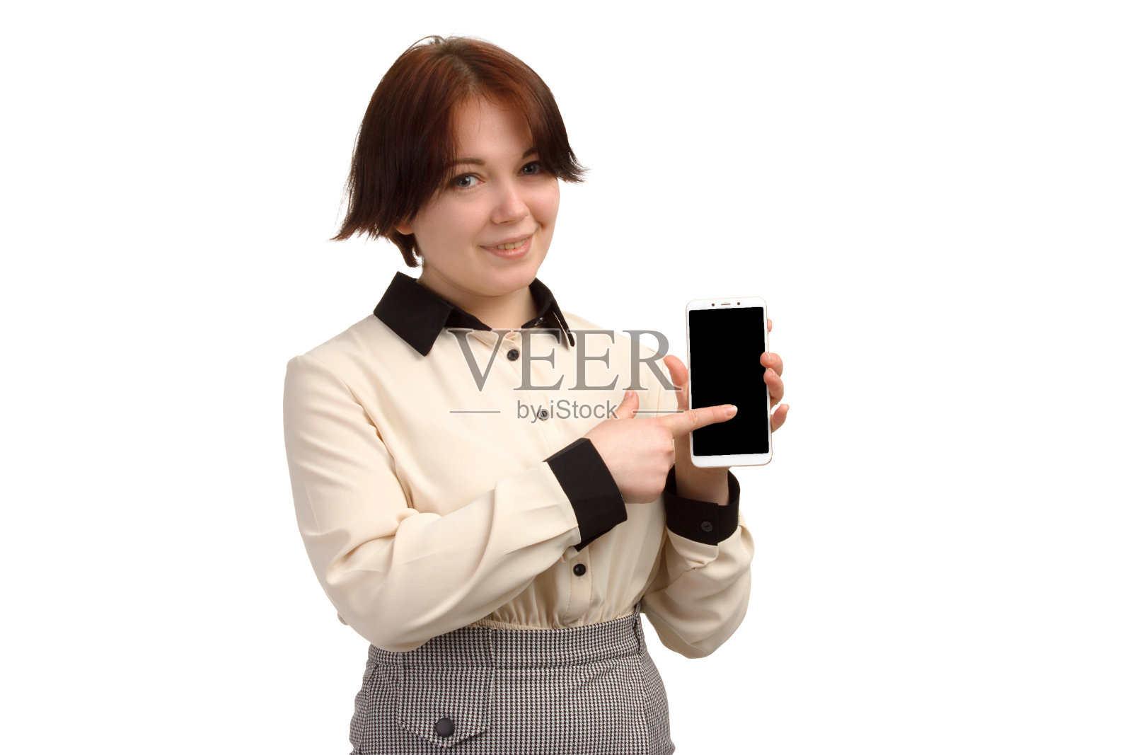 一个年轻女子的工作室肖像在一个白色的背景孤立照片摄影图片