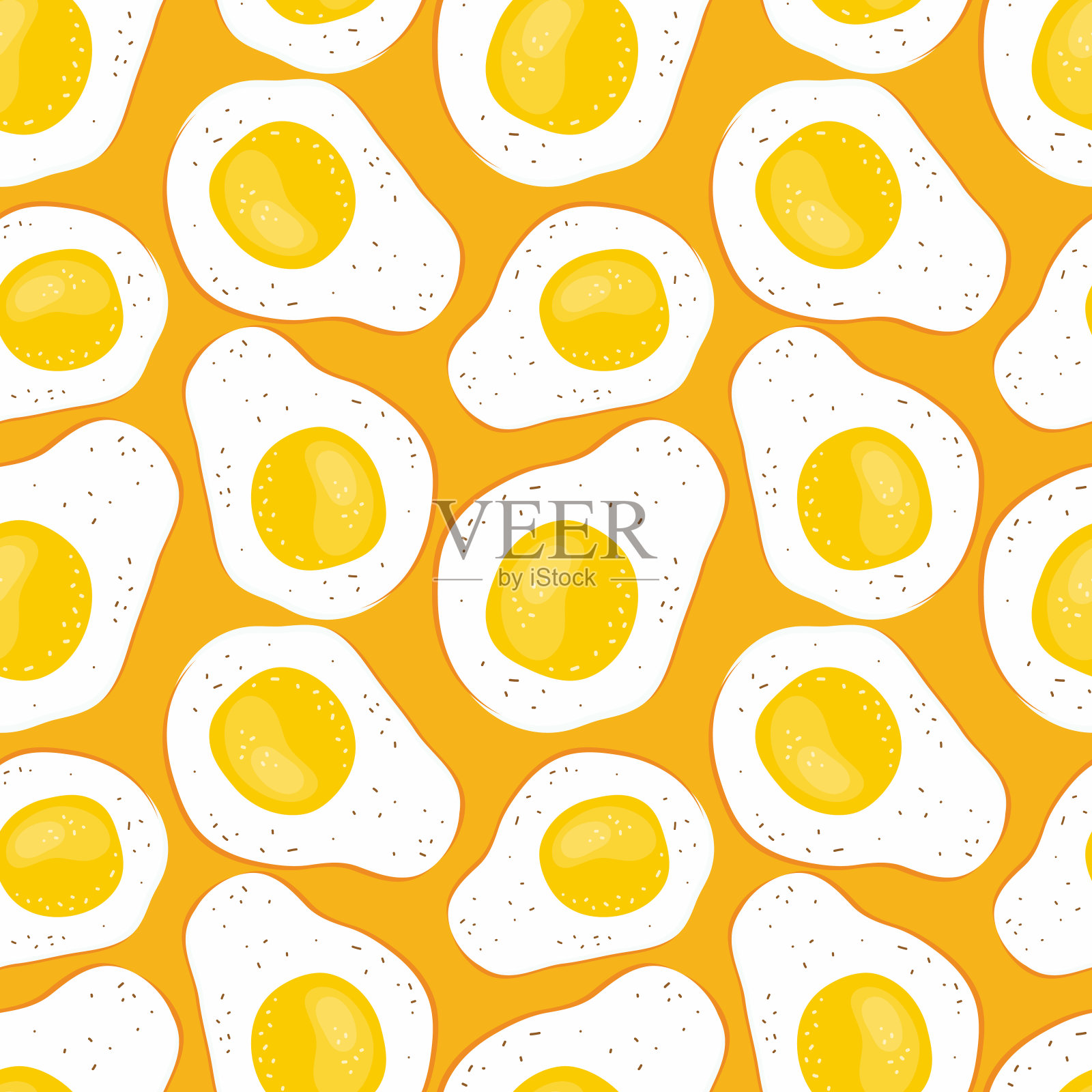 在明亮的橙色背景上无缝的煎蛋图案。手绘矢量插图的鸡蛋。健康的早餐。卡通风格的农产品插画图片素材
